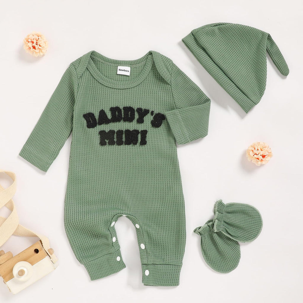 GRNSHTS Newborn Baby Boy Romper Coming Home Outfits Letter Print Bodysuit Jumpsuit+Hat+Gloves 3PCS Clothes Set