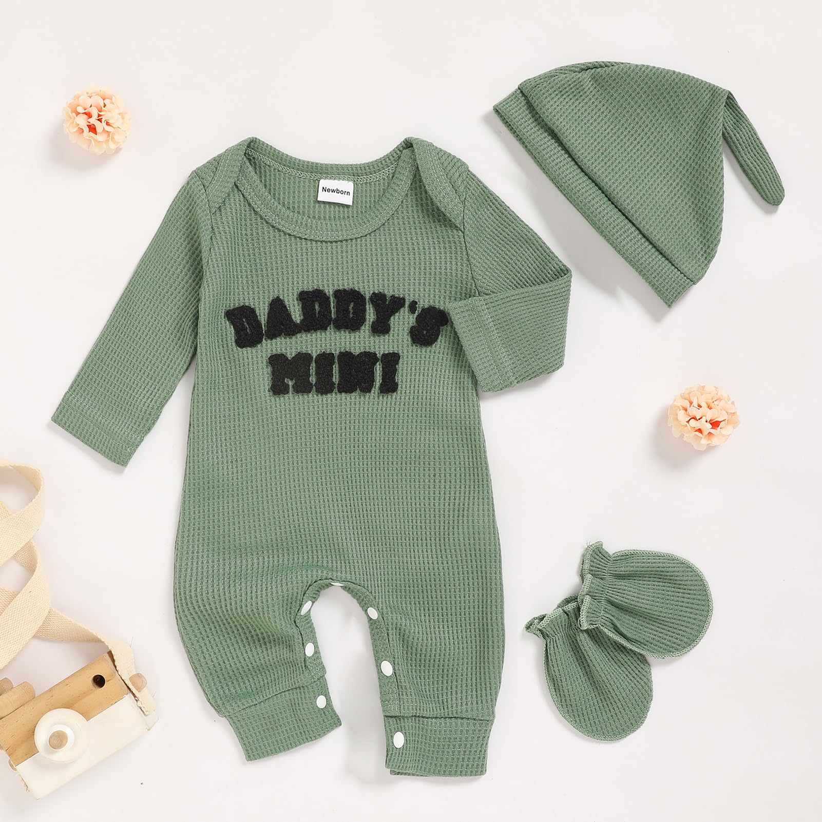GRNSHTS Newborn Baby Boy Romper Coming Home Outfits Letter Print Bodysuit Jumpsuit+Hat+Gloves 3PCS Clothes Set