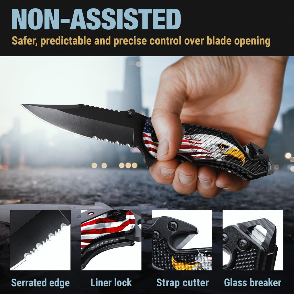 GOOD WORKER Legal Pocket Knife with 2.95” Serrated Blade, Glass Breaker, Seat Belt Cutter - EDC Sharp Folding Knives with Portable Clip - Small Tool for Tactical Camping Survival Hiking - Gifts for Men, Women