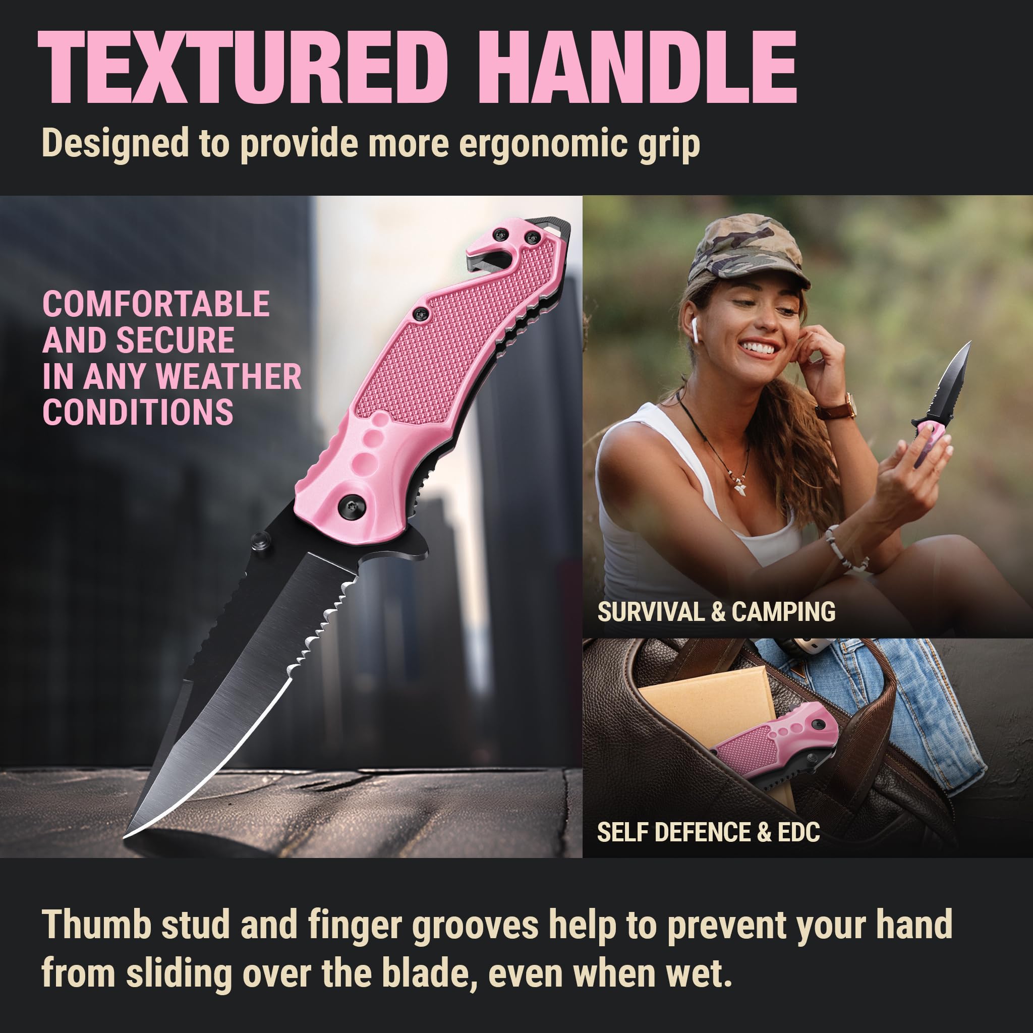 GOOD WORKER Legal Pocket Knife with 2.95” Serrated Blade, Glass Breaker, Seat Belt Cutter - EDC Sharp Folding Knives with Portable Clip - Small Tool for Tactical Camping Survival Hiking - Gifts for Men, Women