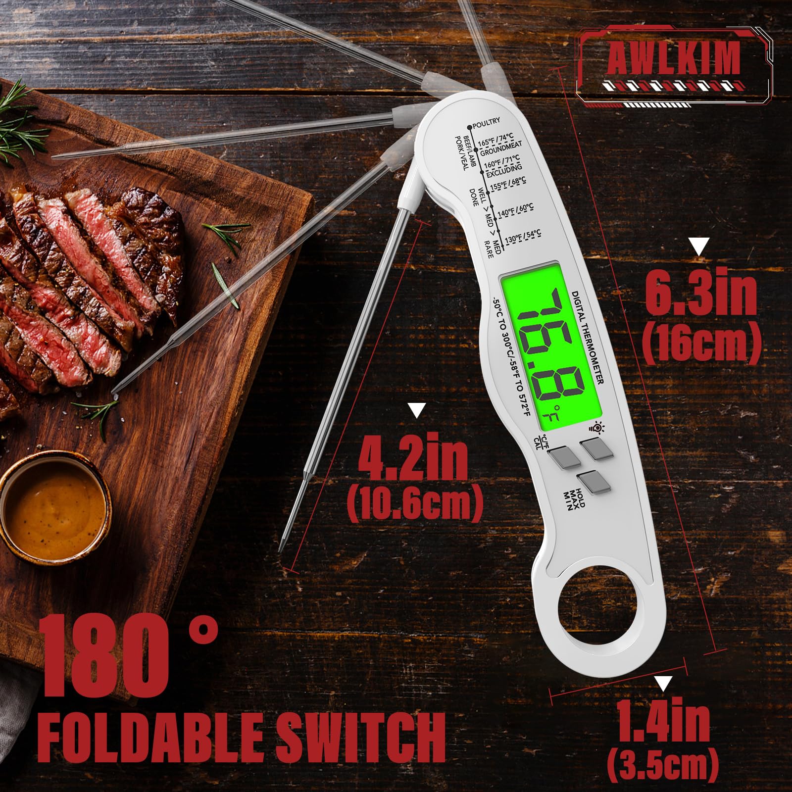 AWLKIM Meat Thermometer Digital - Instant Read Waterproof Food Thermometer with Backlight for Cooking, Grill, Candy, Kitchen & Stocking Stuffers for Men - Red