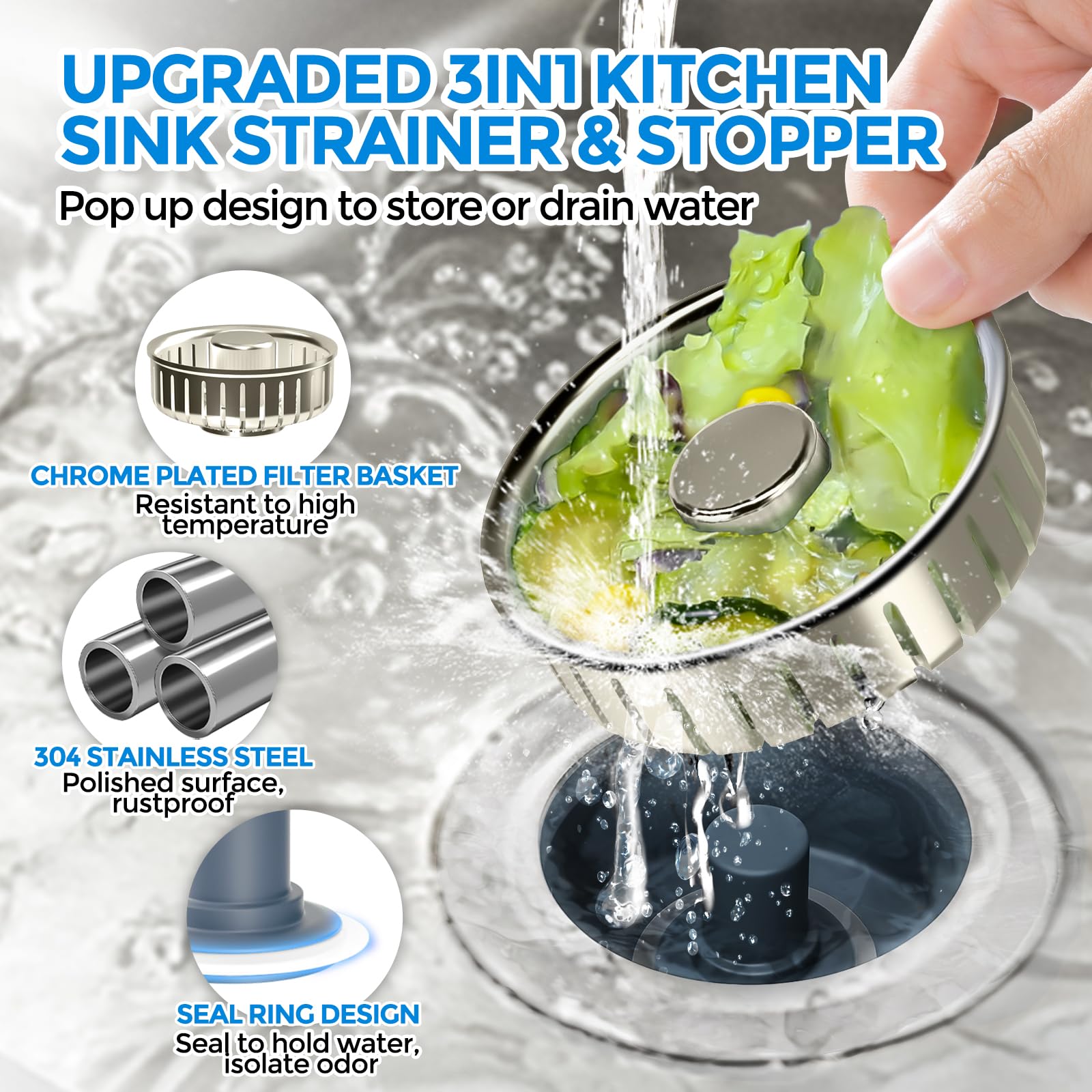 Sink Drain Strainer - Sink Stopper Kitchen Drain, 3 in 1 Kitchen Sink Drain Strainer with Anti-Clogging Basket, Kitchen Gadgets Clearance Sink Accessories, Fit US Standard 3-1/2'' Sink Hole, Silver
