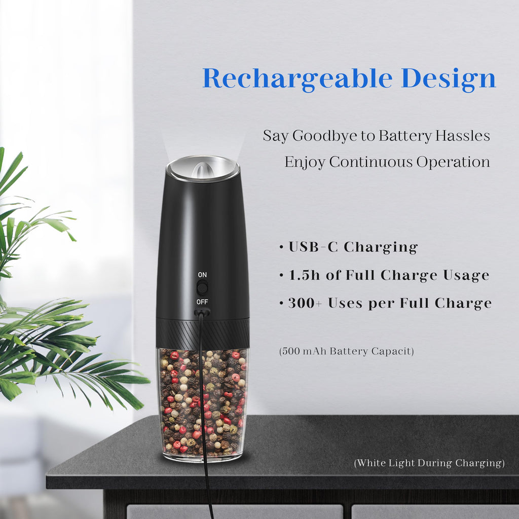 UNNEES Gravity Electric Salt and Pepper Grinder set of 2, Automatic Salt And Pepper Grinder Set, Adjustable Roughness, Battery Powered, LED Light, 2 Pack, (Black)