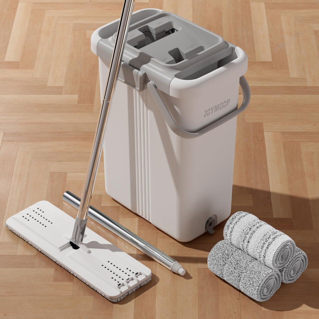 JOYMOOP Mop and Bucket Set, Flat Mops for Floor & Wall Cleaning, Commercial & Household Use, Hardwood Floor Mop with Long Handle & 4 Microfiber Pads
