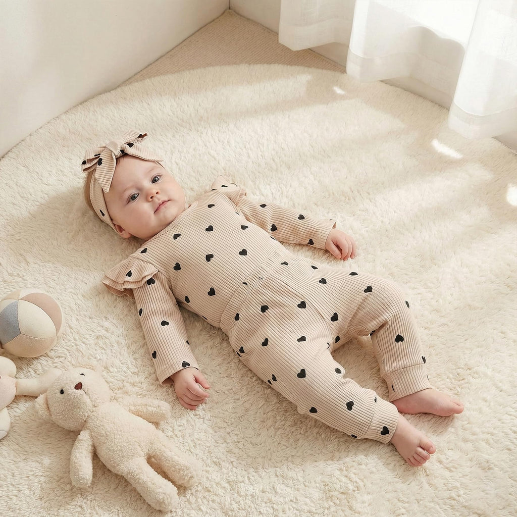 Fullfamous Baby Girl's 3pc Rib Frill Long Sleeve Romper and Pant Set