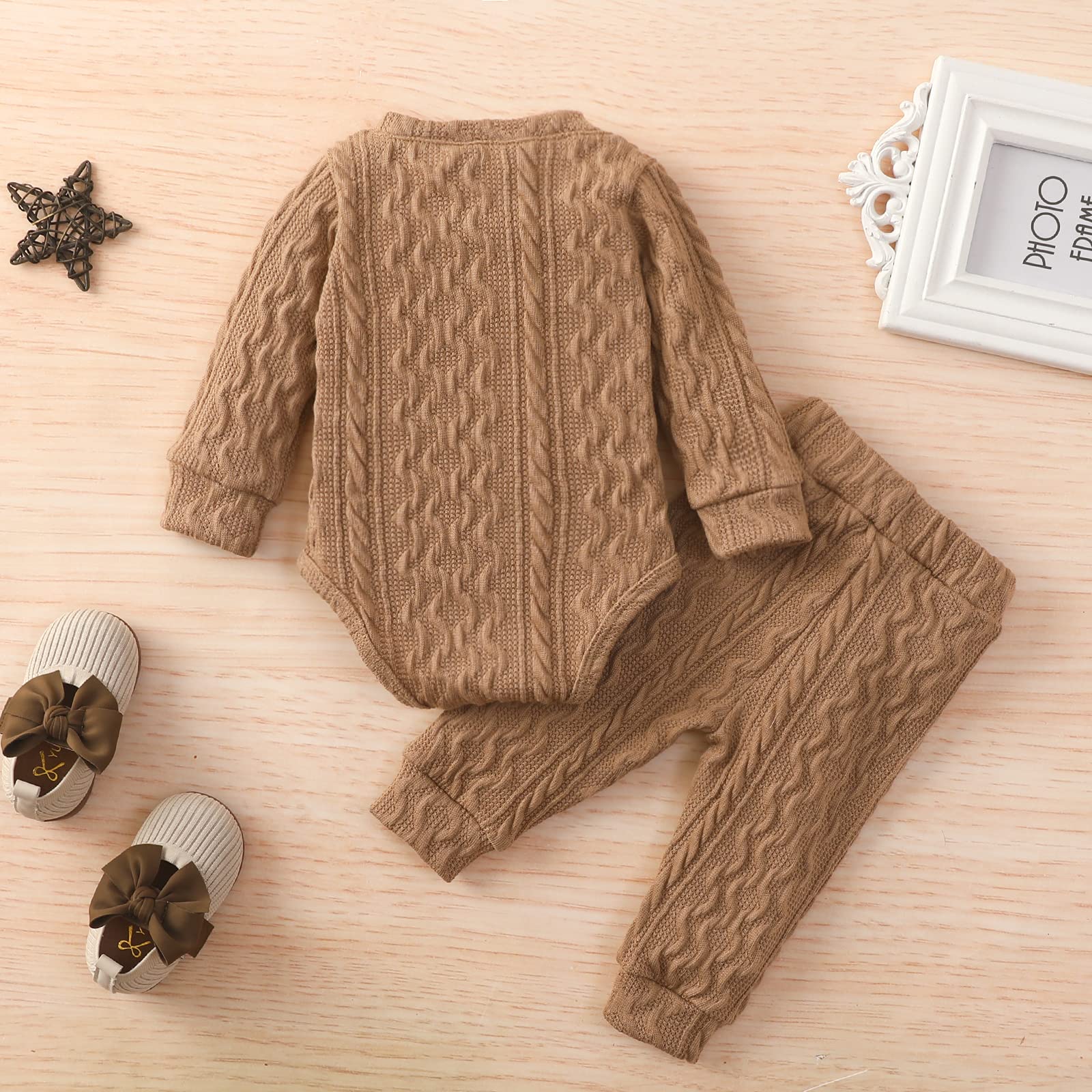 Newborn Baby Boy Girl Clothes Ribbed Knitted Cotton Long Sleeve Romper Long Pants Solid Color Fall Winter Outfits