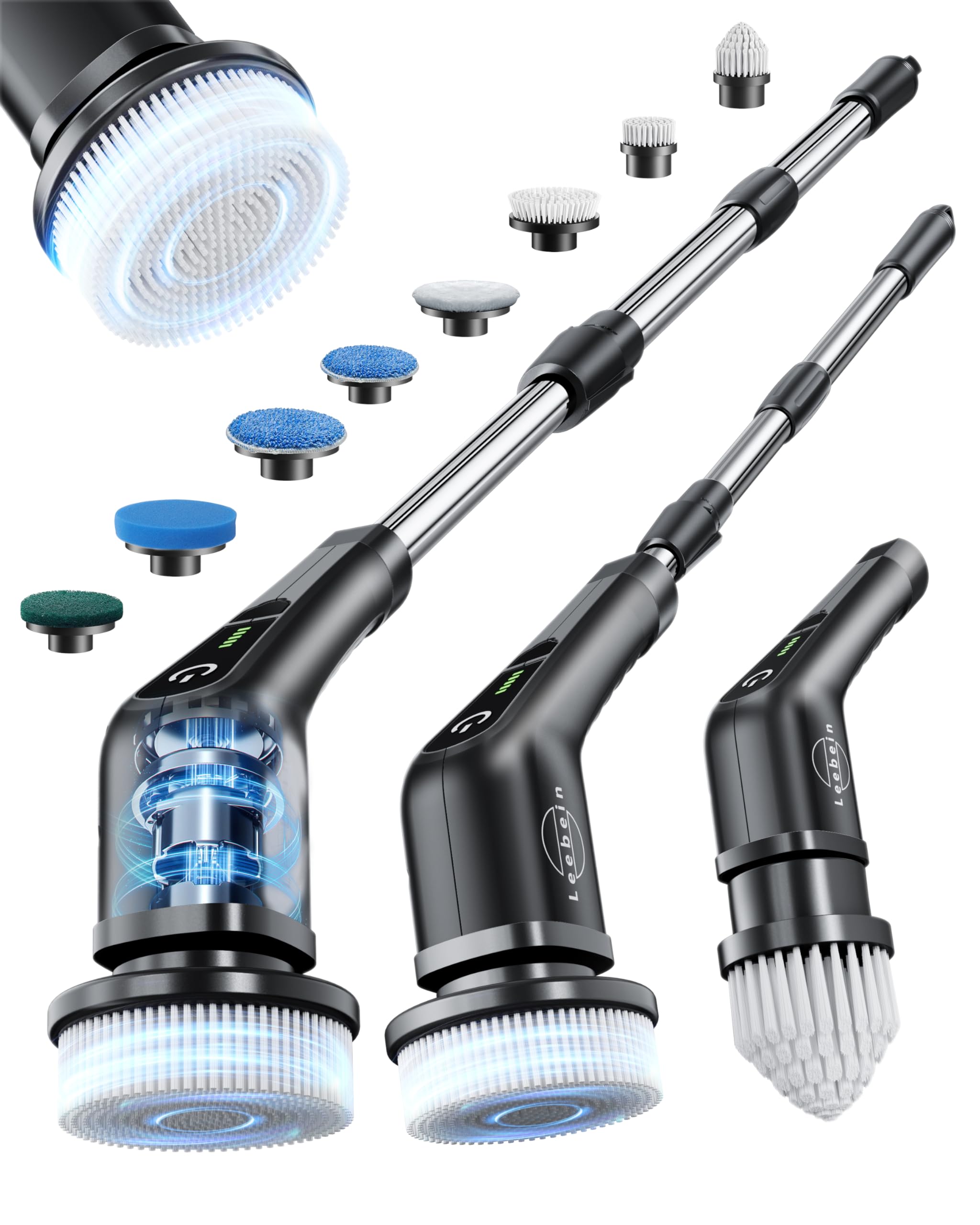 Leebein Electric Spin Scrubber, Cordless Cleaning Brush with 8 Replaceable Brush Heads, Tub and Floor Tile 360 Power Scrubber Dual Speed with Adjustable & Detachable Handle for Bathroom Kitchen Car