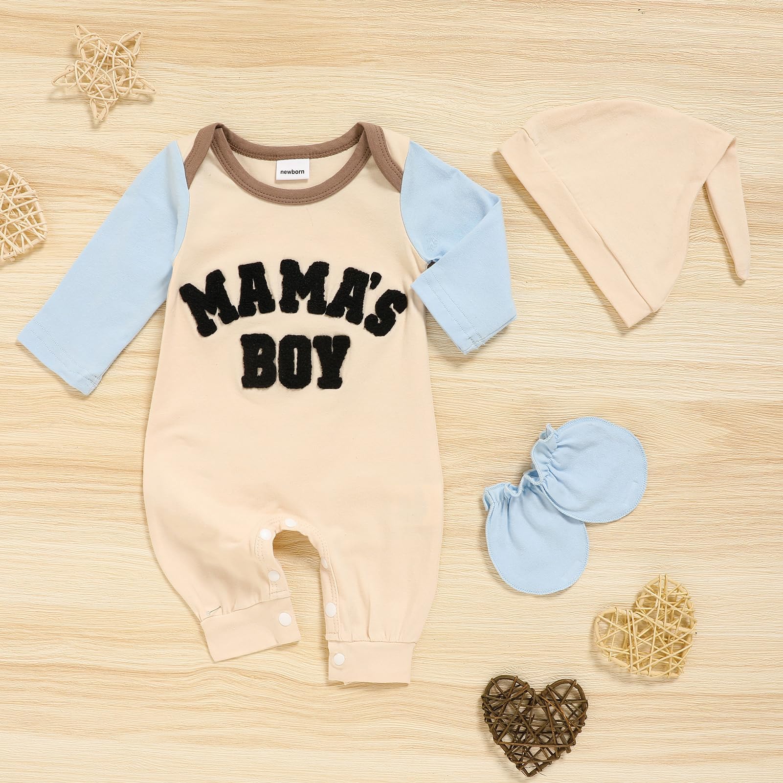 GRNSHTS Newborn Baby Boy Romper Coming Home Outfits Letter Print Bodysuit Jumpsuit+Hat+Gloves 3PCS Clothes Set
