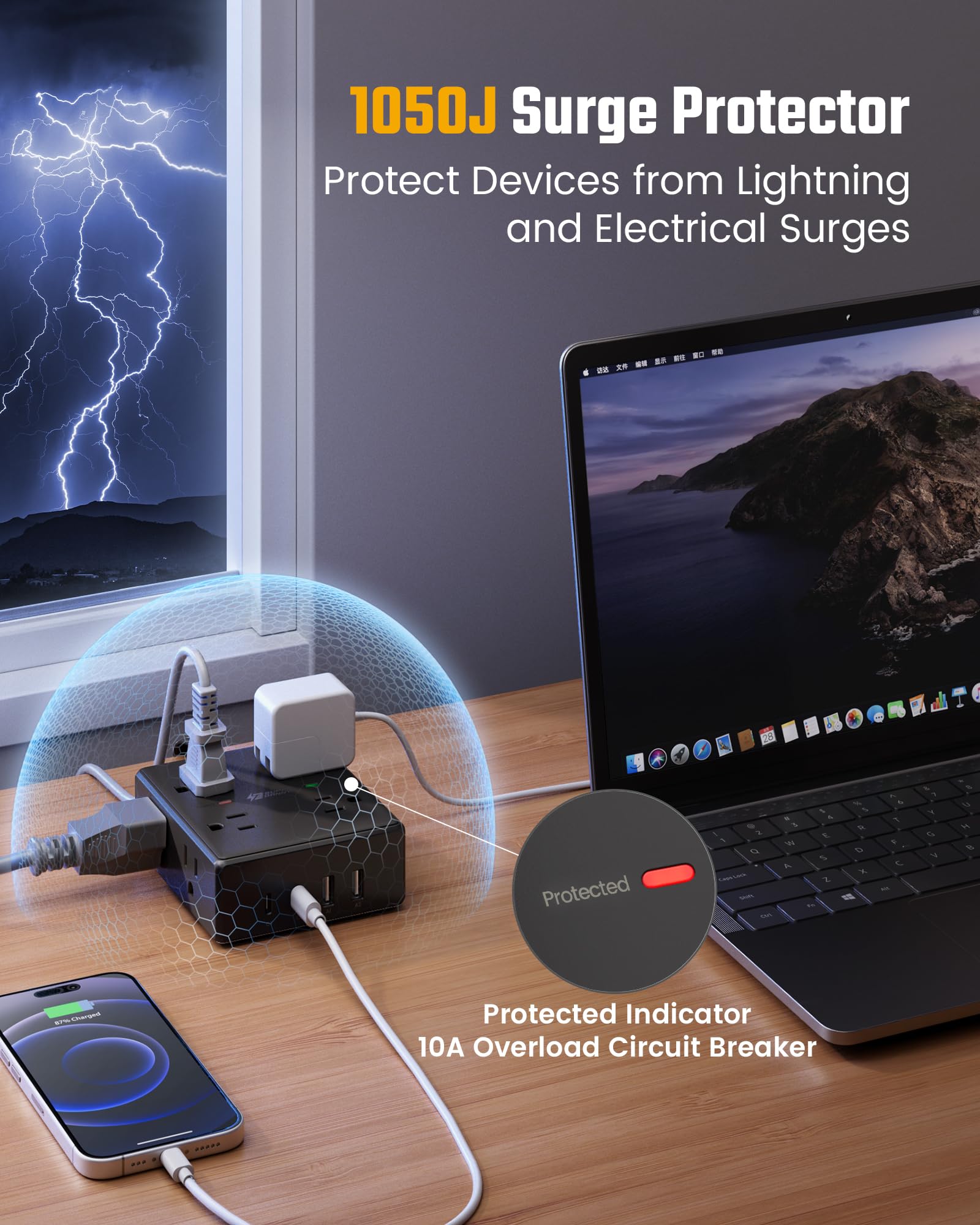 10Ft Extension Cord with Multiple Outlets, Flat Plug Surge Protector Power Strip 10 Ft Long Cord, 8 Outlets & 4 USB Ports (2 USB C), Desk Charging Station for Home Office, College Dorm Room Essentials