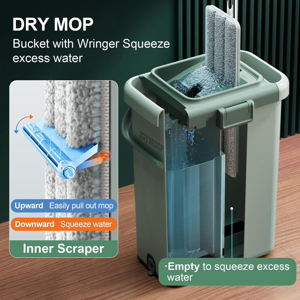 JOYMOOP Mop and Bucket Set, Flat Mops for Floor & Wall Cleaning, Commercial & Household Use, Hardwood Floor Mop with Long Handle & 4 Microfiber Pads