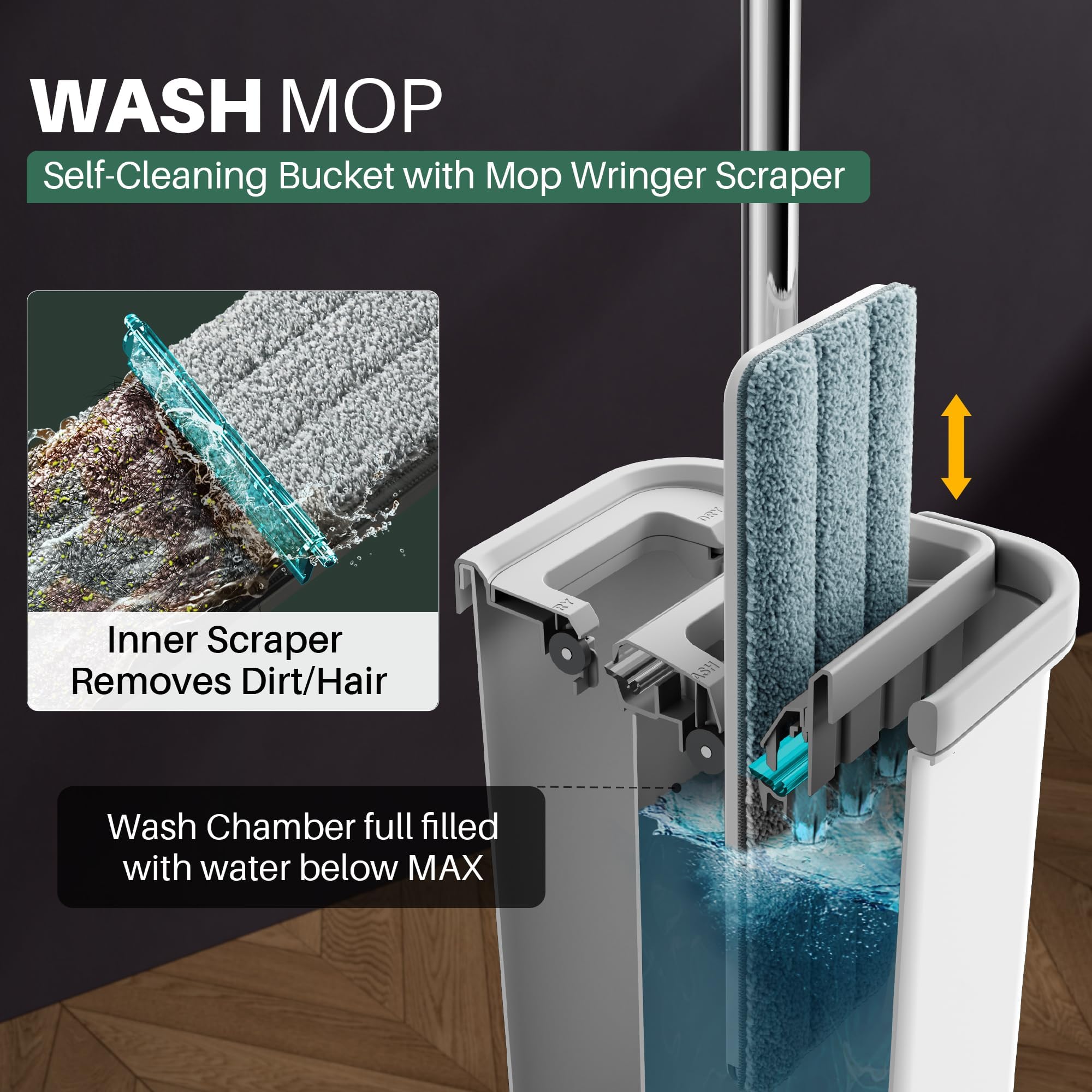 JOYMOOP Mop and Bucket Set, Flat Mops for Floor & Wall Cleaning, Commercial & Household Use, Hardwood Floor Mop with Long Handle & 4 Microfiber Pads