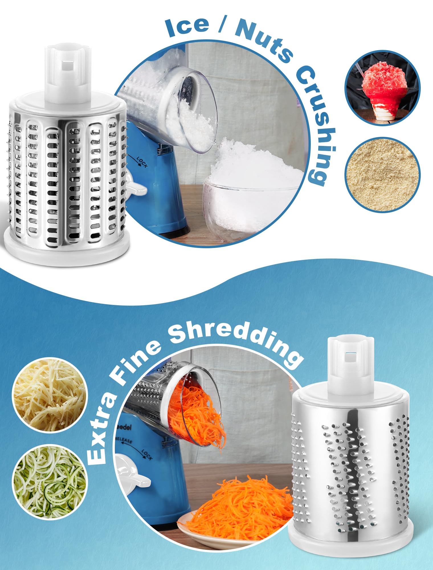 Geedel Rotary Cheese Grater, Kitchen Mandoline Vegetable Slicer with 3 Interchangeable Blades, Easy to Clean Grater for Fruit, Vegetables, Nuts