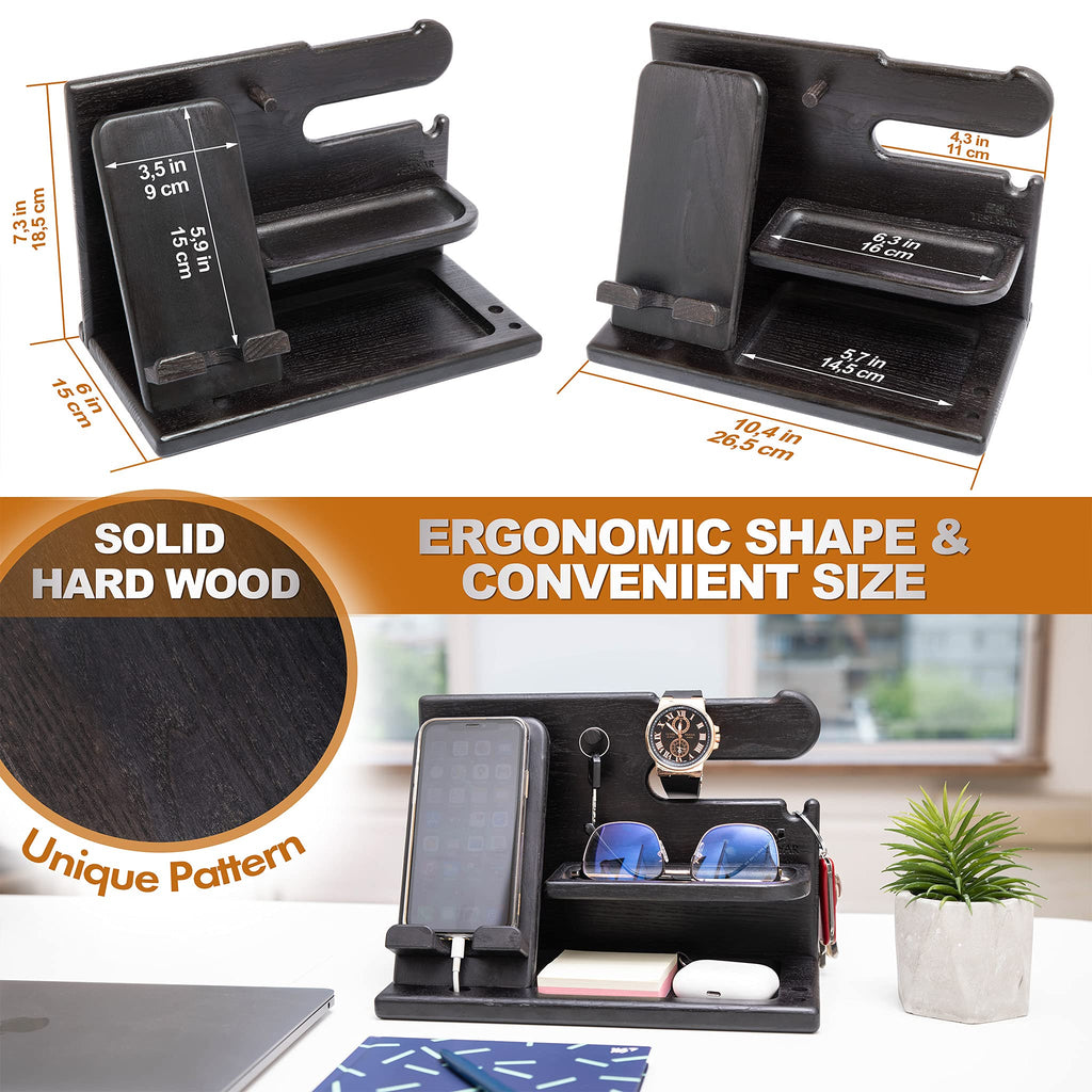 TESLYAR Wood Phone Docking Station for Men - Desk or Nightstand Organizer - Birthday Gifts for Husband, Dad - Anniversary Idea from Wife - Key Holder, Stand Wallet, Watch & Essentials (Bourbon Brown)