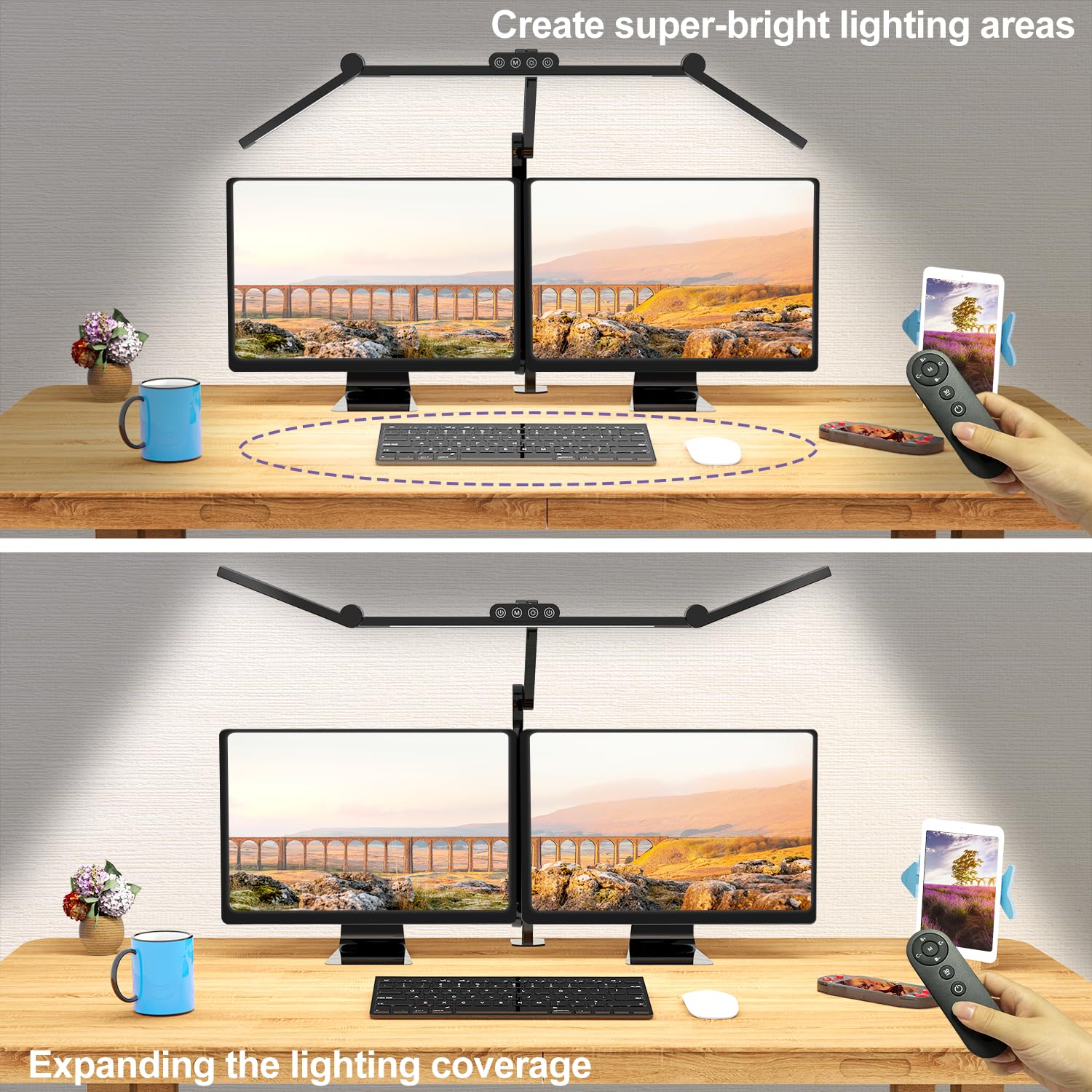 Micomlan Led Desk Lamp with Clamp, Architect Desk Lamp for Home Office with Atmosphere Lighting, 24W Ultra Bright Auto Dimming Computer Light Stepless Dimming and Tempering LED Table Light