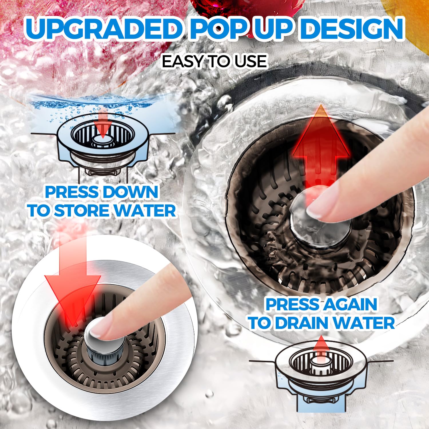 Sink Drain Strainer - Sink Stopper Kitchen Drain, 3 in 1 Kitchen Sink Drain Strainer with Anti-Clogging Basket, Kitchen Gadgets Clearance Sink Accessories, Fit US Standard 3-1/2'' Sink Hole, Silver
