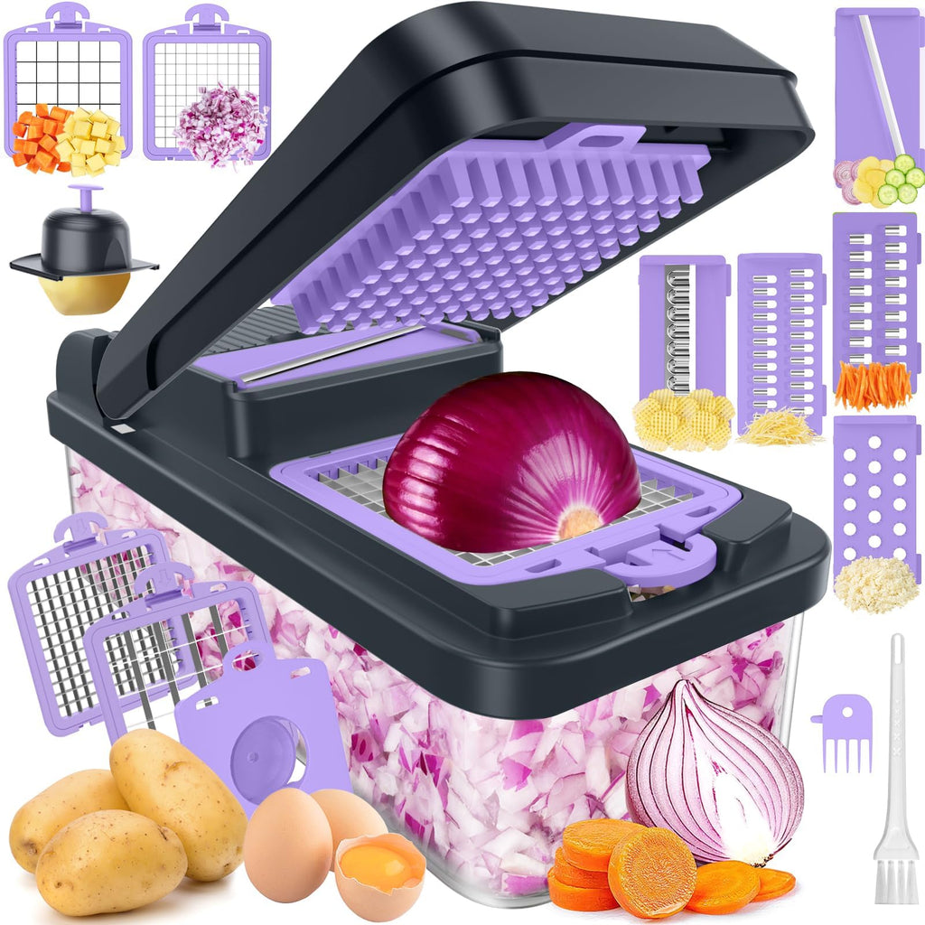 SpaceHacks 12-in-1 Vegetable Chopper, Kitchen Gadgets with 7 Blades, Veggie, Food, Onion Chopper, Cucumber Slicer, Versatile Mandoline, Includes Egg Separator & Finger Guard, Gray