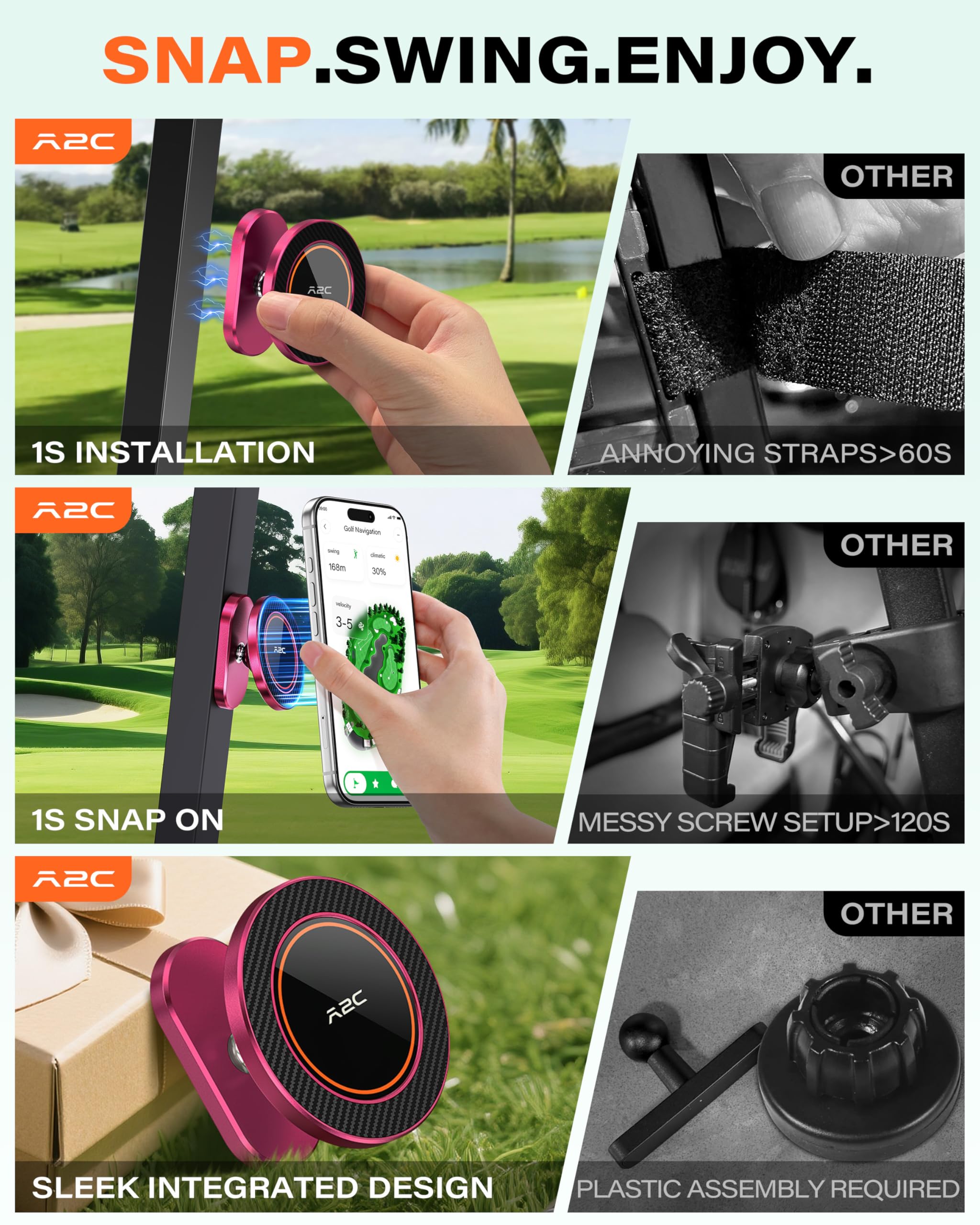 A2C Alloy Magnetic Golf Cart Phone Holder for MagSafe iPhone, Unique Golf Gifts for Men Golfers Dad Father, Golf Gift for Him Husband, Golf Accessories Essentials Gadgets Fits EZGO, Club Car, Yamaha