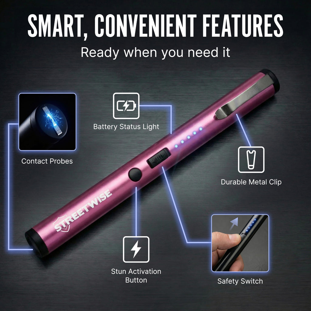Streetwise Pain Pen 25,000,000 Volts Stun Gun for Self Protection - Tactical Stun Pen for Women and Men, USB Rechargeable, Battery Indicator, Durable Clip, Compact and Concealable for Protection
