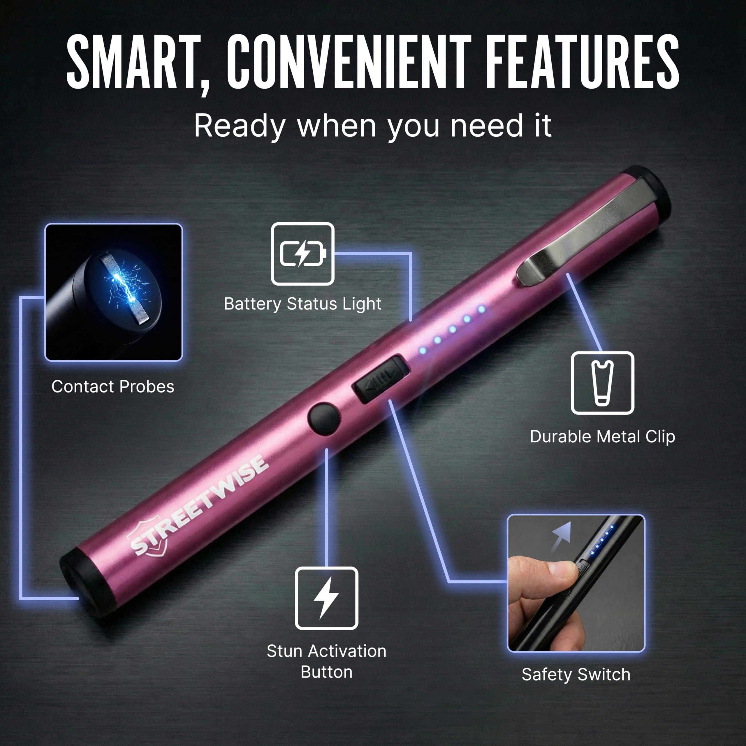 Streetwise Pain Pen 25,000,000 Volts Stun Gun for Self Protection - Tactical Stun Pen for Women and Men, USB Rechargeable, Battery Indicator, Durable Clip, Compact and Concealable for Protection