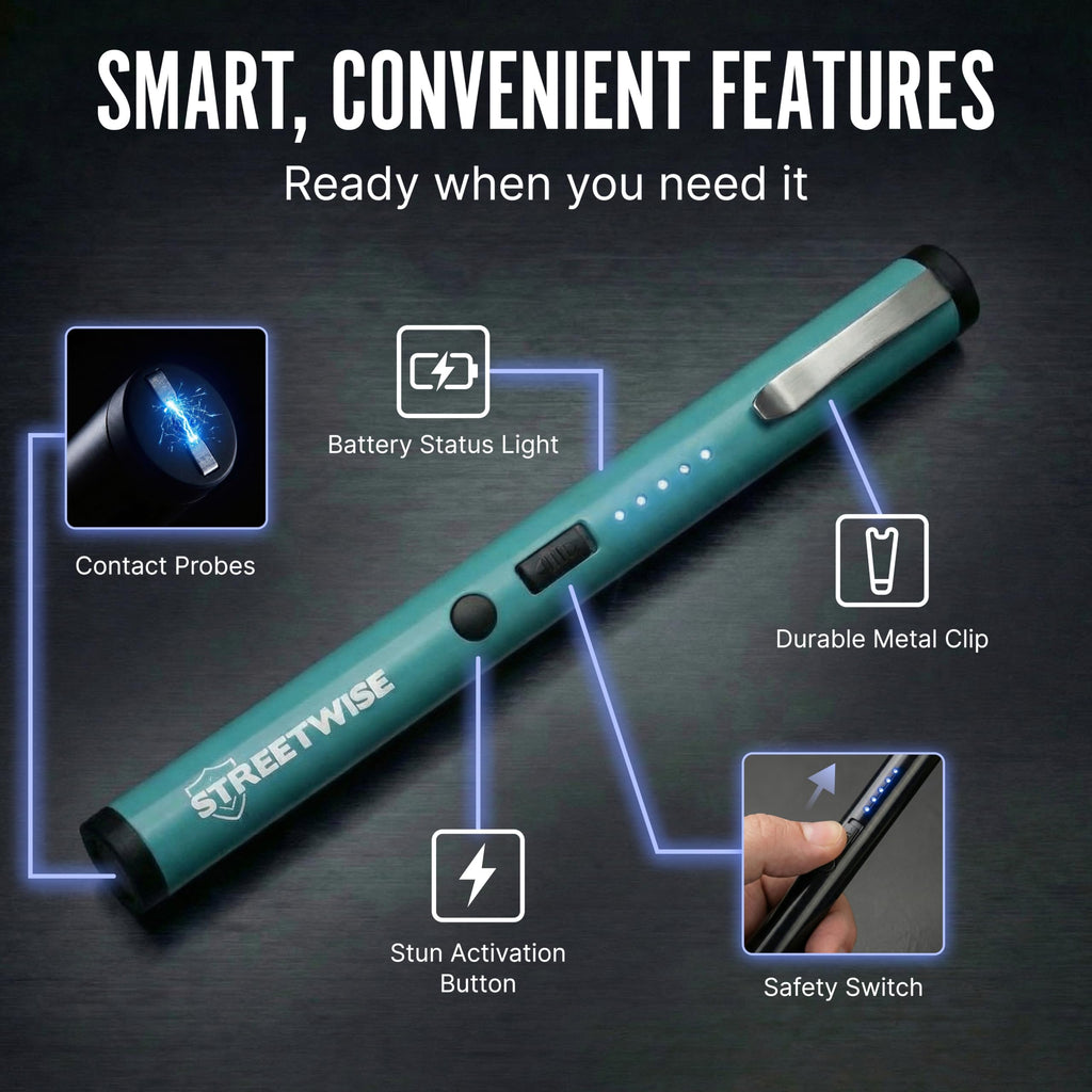 Streetwise Pain Pen 25,000,000 Volts Stun Gun for Self Protection - Tactical Stun Pen for Women and Men, USB Rechargeable, Battery Indicator, Durable Clip, Compact and Concealable for Protection