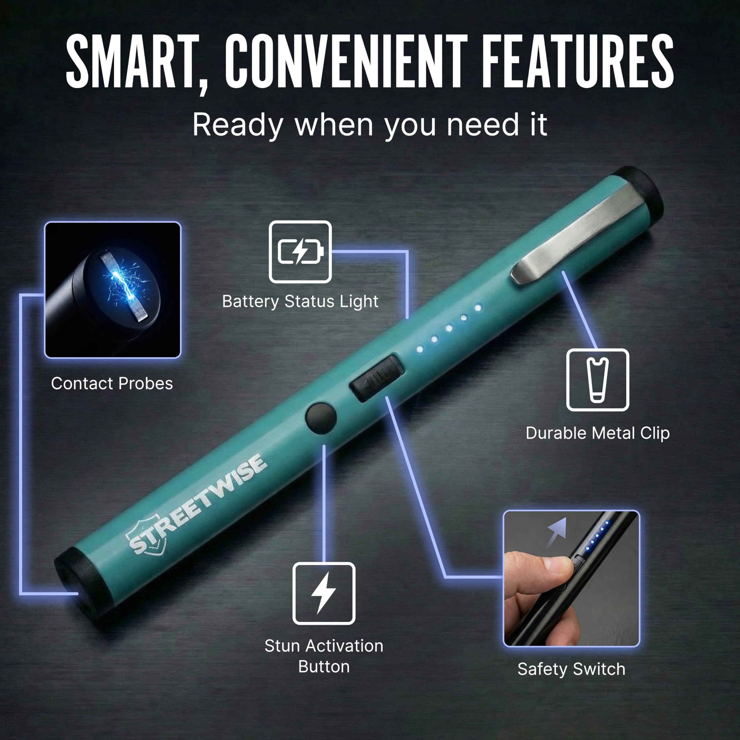 Streetwise Pain Pen 25,000,000 Volts Stun Gun for Self Protection - Tactical Stun Pen for Women and Men, USB Rechargeable, Battery Indicator, Durable Clip, Compact and Concealable for Protection