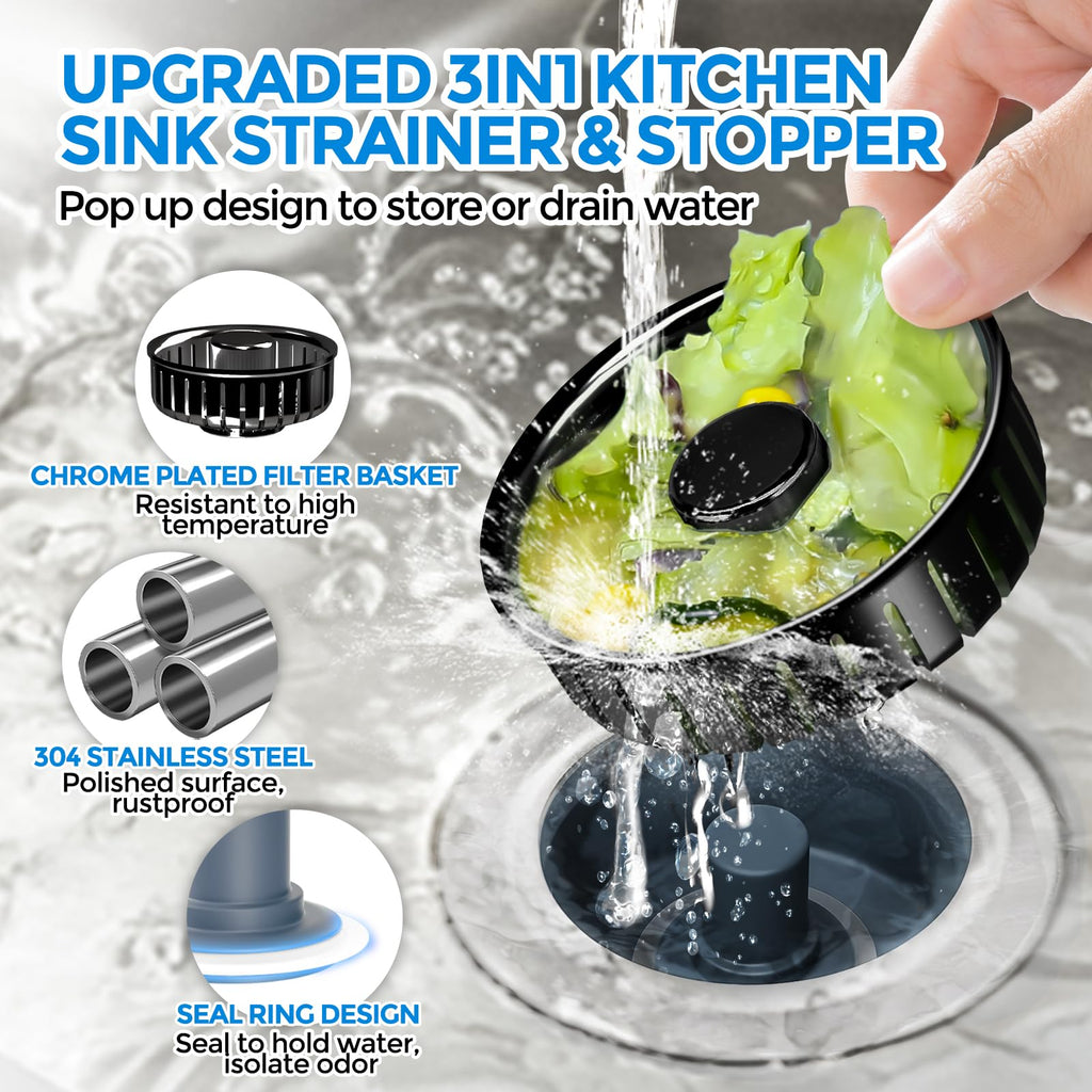 Sink Drain Strainer - Sink Stopper Kitchen Drain, 3 in 1 Kitchen Sink Drain Strainer with Anti-Clogging Basket, Kitchen Gadgets Clearance Sink Accessories, Fit US Standard 3-1/2'' Sink Hole, Silver