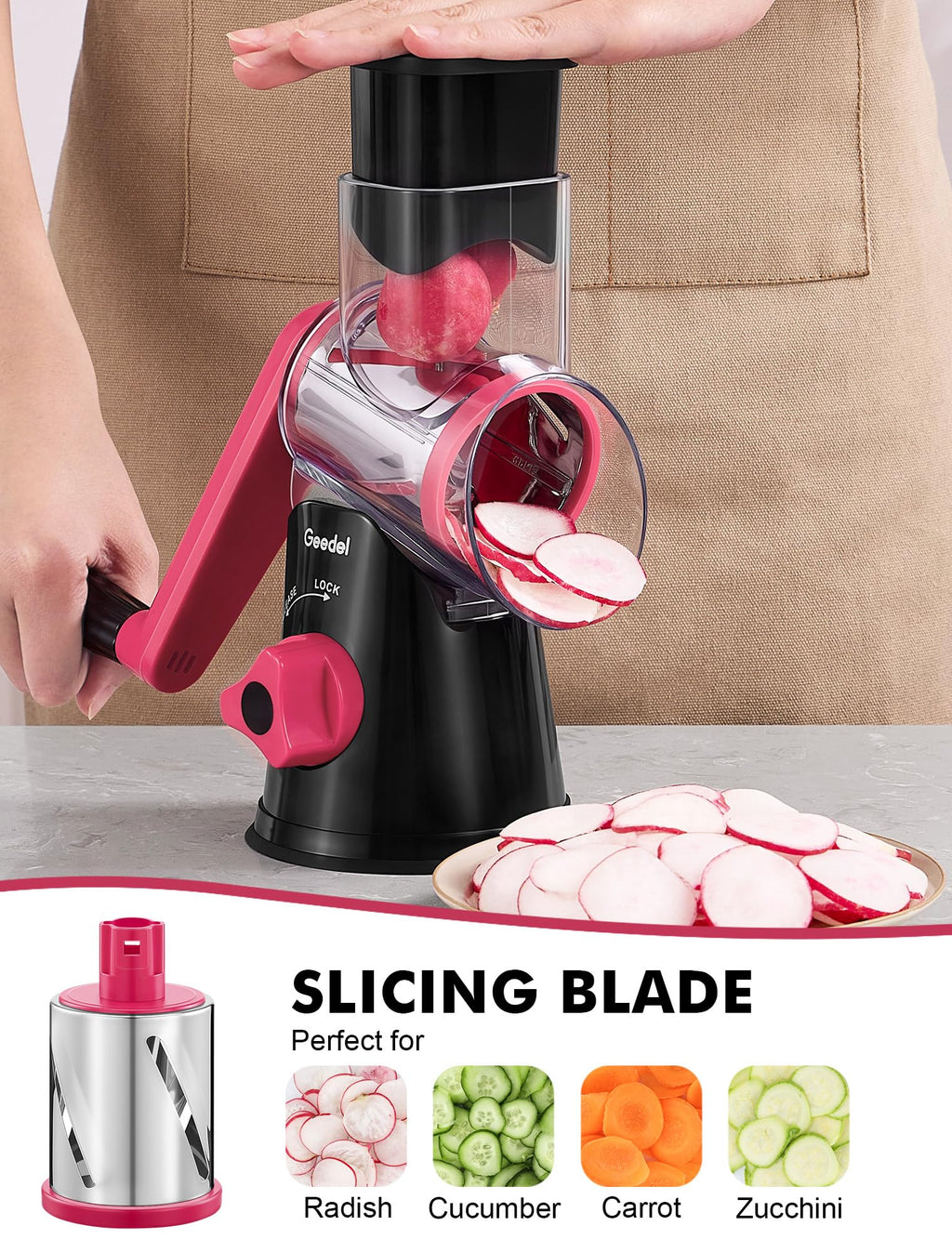 Geedel Rotary Cheese Grater, Kitchen Mandoline Vegetable Slicer with 3 Interchangeable Blades, Easy to Clean Grater for Fruit, Vegetables, Nuts
