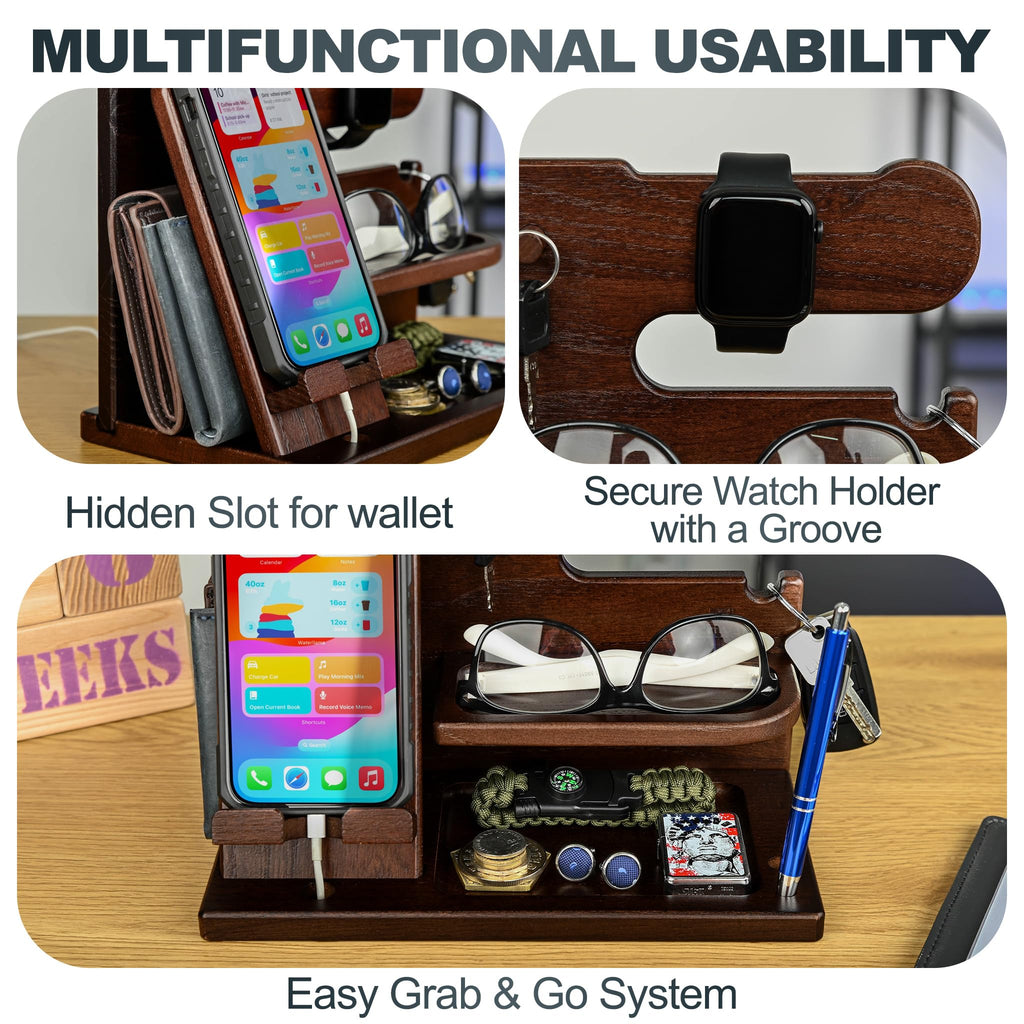 TESLYAR Wood Phone Docking Station for Men - Desk or Nightstand Organizer - Birthday Gifts for Husband, Dad - Anniversary Idea from Wife - Key Holder, Stand Wallet, Watch & Essentials (Bourbon Brown)