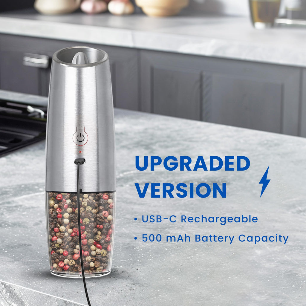 UNNEES Gravity Electric Salt and Pepper Grinder set of 2, Automatic Salt And Pepper Grinder Set, Adjustable Roughness, Battery Powered, LED Light, 2 Pack, (Black)