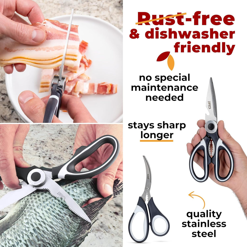 Gidli Chef Knife and Kitchen Shears Set – Ultra Sharp 8” Chef Knife with Knife Sharpener + Heavy Duty Kitchen Scissors & Seafood Scissors – Premium Stainless Steel Cooking Set – Gift Ready