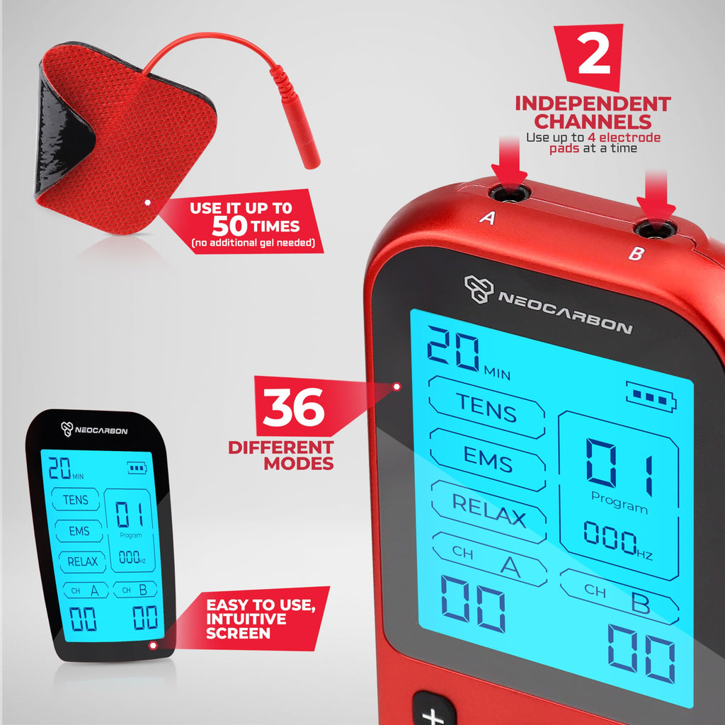NEOCARBON TENS Unit Muscle Stimulator Pro for Back Pain Relief, Shoulder Recovery and Physical Therapy, Electronic EMS Massager Machine with PMS Pulse for Effective Shock Therapy, Red