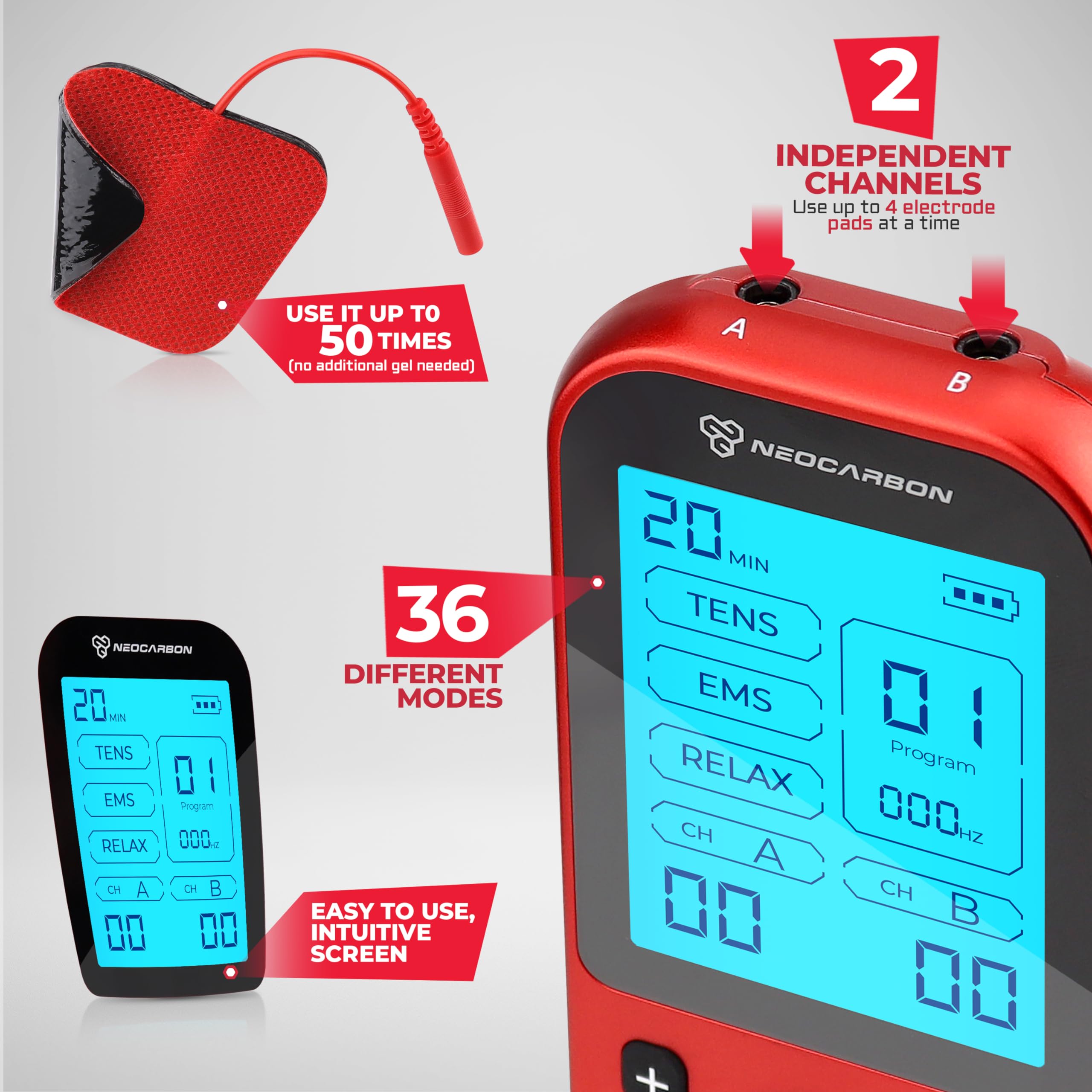 NEOCARBON TENS Unit Muscle Stimulator Pro for Back Pain Relief, Shoulder Recovery and Physical Therapy, Electronic EMS Massager Machine with PMS Pulse for Effective Shock Therapy, Red