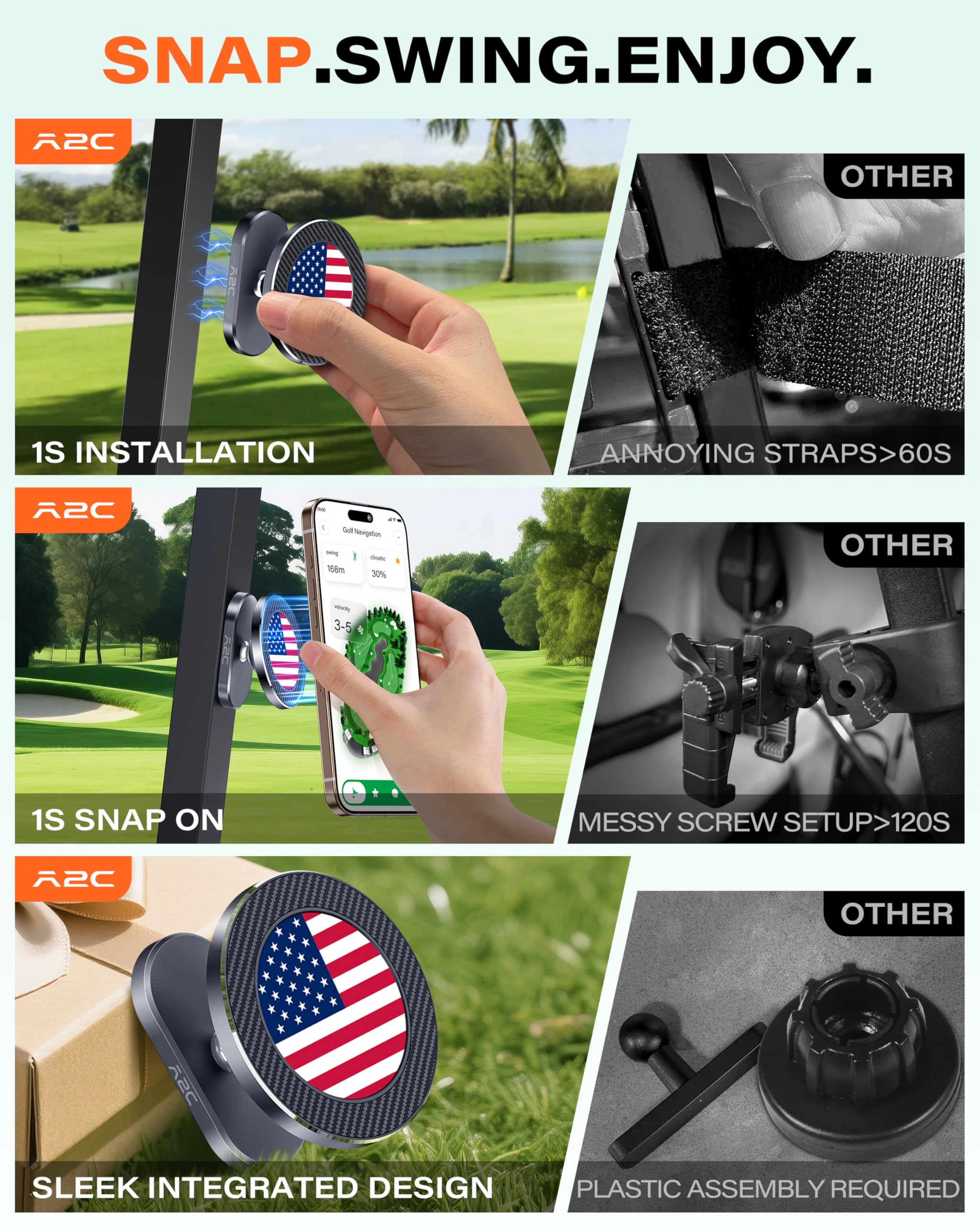 A2C Alloy Magnetic Golf Cart Phone Holder for MagSafe iPhone, Unique Golf Gifts for Men Golfers Dad Father, Golf Gift for Him Husband, Golf Accessories Essentials Gadgets Fits EZGO, Club Car, Yamaha