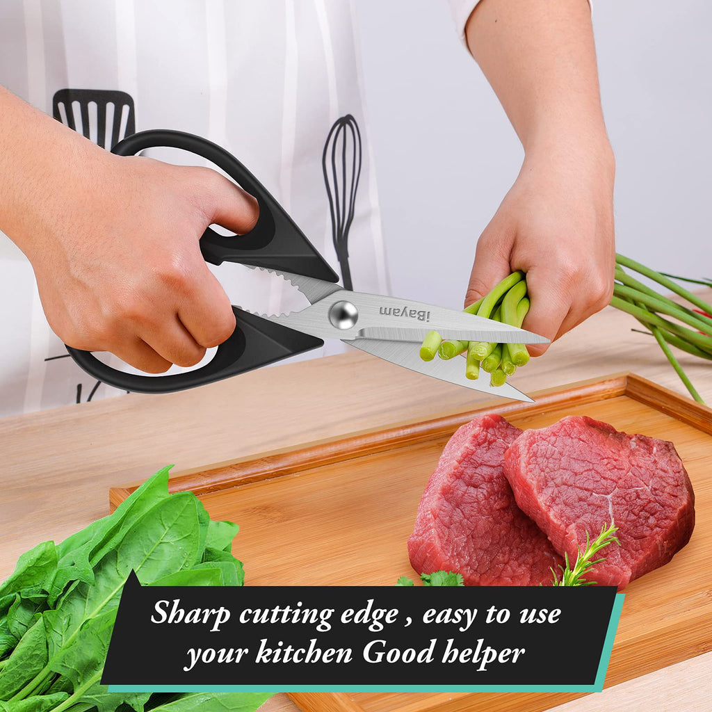 iBayam Kitchen Scissors All Purpose Heavy Duty 2 Pack with Protective Sheath, Stainless Steel Shears Kitchen Utensils Set for Cutting Food Cooking Meat Poultry Dishwasher Safe Soft Comfort-Grip
