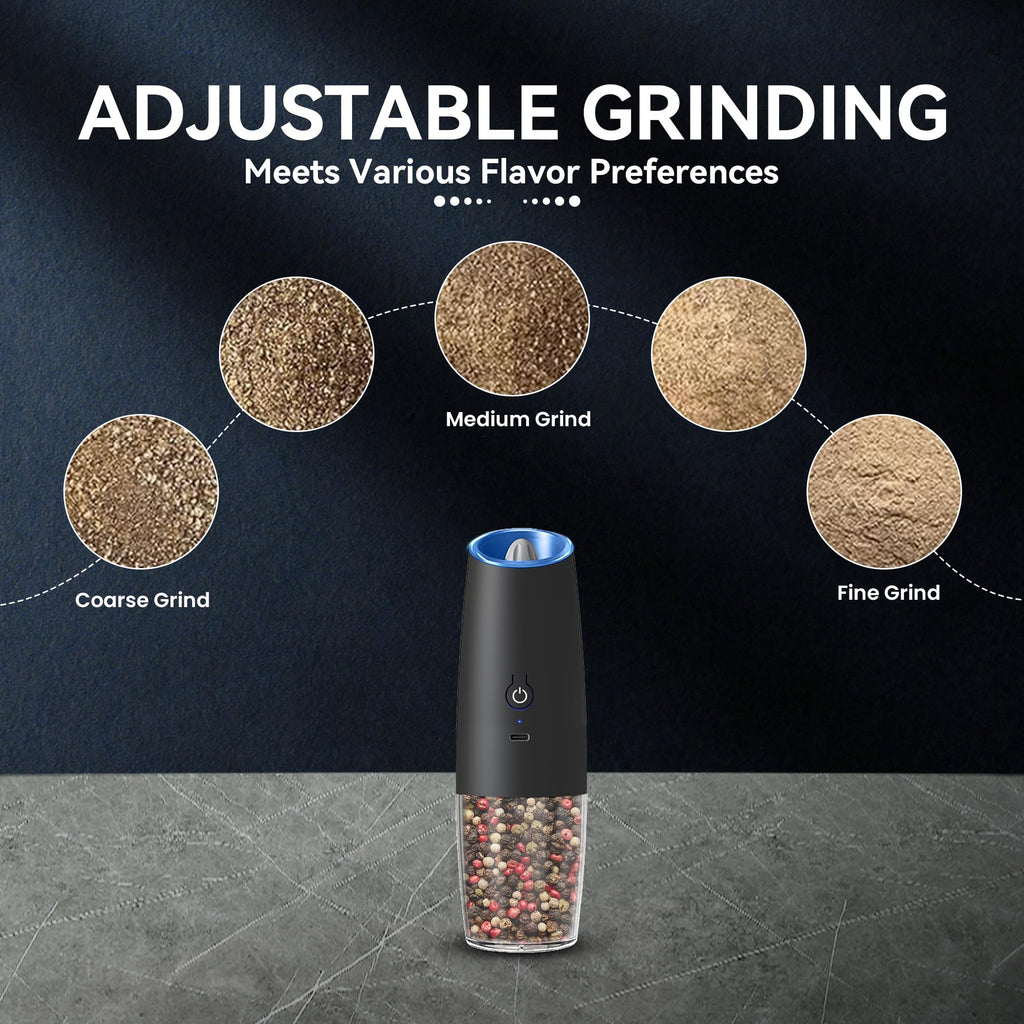 UNNEES Gravity Electric Salt and Pepper Grinder set of 2, Automatic Salt And Pepper Grinder Set, Adjustable Roughness, Battery Powered, LED Light, 2 Pack, (Black)