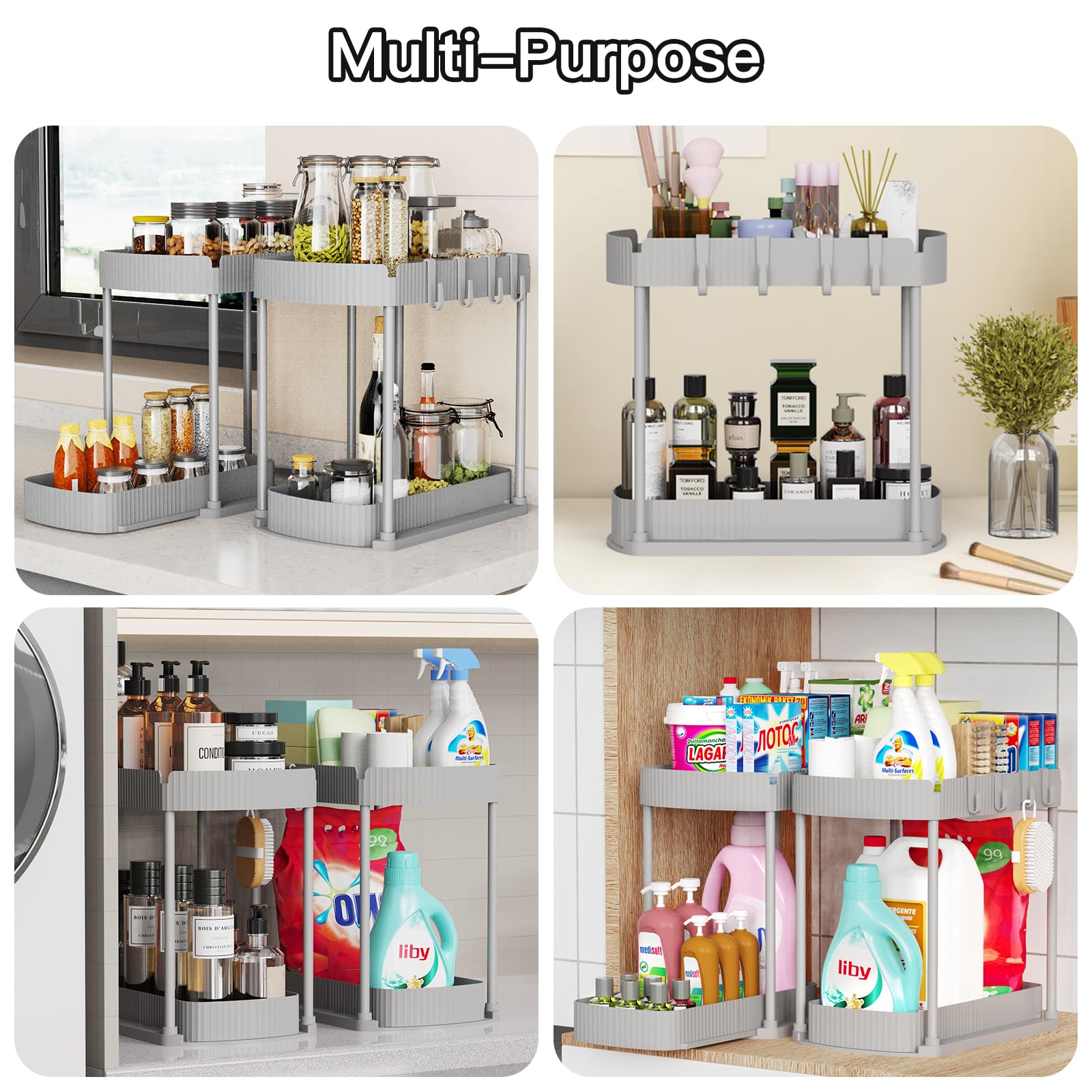 Ukeetap Multi-Purpose Pull-Out Storage Organizers, Under Sink/Cabinet Organizers and Storage for Bathroom & Kitchen, Black, 12.8 Inches, 2 Packs
