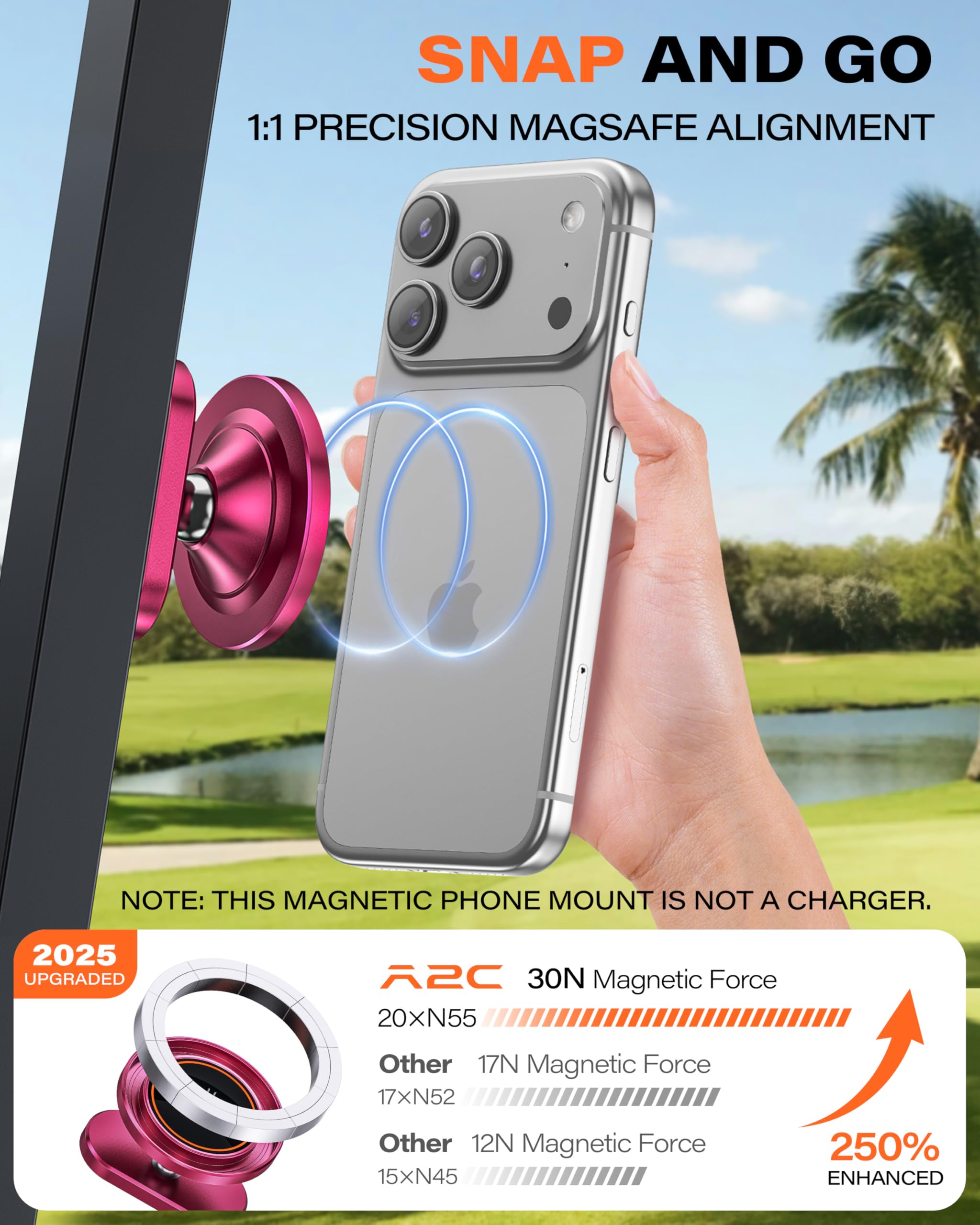 A2C Alloy Magnetic Golf Cart Phone Holder for MagSafe iPhone, Unique Golf Gifts for Men Golfers Dad Father, Golf Gift for Him Husband, Golf Accessories Essentials Gadgets Fits EZGO, Club Car, Yamaha