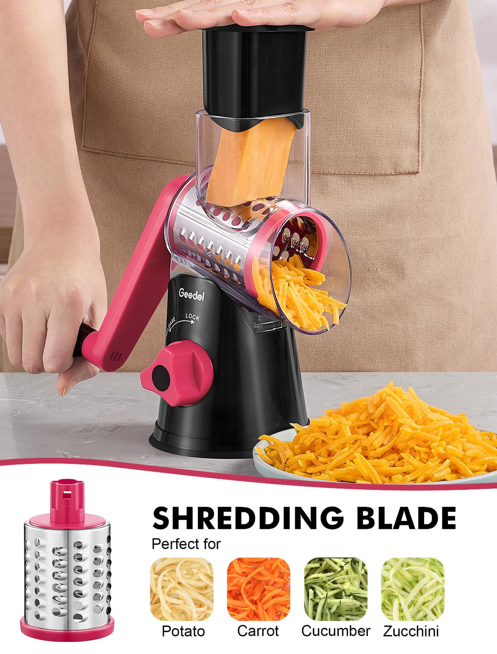 Geedel Rotary Cheese Grater, Kitchen Mandoline Vegetable Slicer with 3 Interchangeable Blades, Easy to Clean Grater for Fruit, Vegetables, Nuts