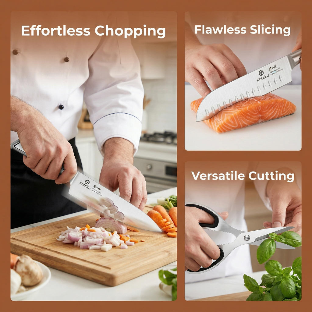 imarku 14-Piece Knife Set, Japanese Stainless Steel Knives Set for Kitchen, Full-Tang Gyutou Knife Sets with Block and Build-in Sharpener, Brown, Dishwasher Safe, House Warming Gifts for Mom