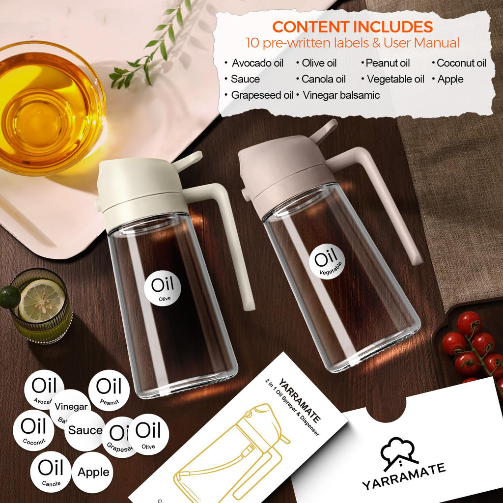 YARRAMATE 16oz/470ml Glass Olive Oil Sprayer for Cooking with Stickers, 2 in 1 Oil Dispenser for Kitchen Gadgets, Food Grade Premium Spray Bottle with Portion Control for Salad, Frying, BBQ (Black)