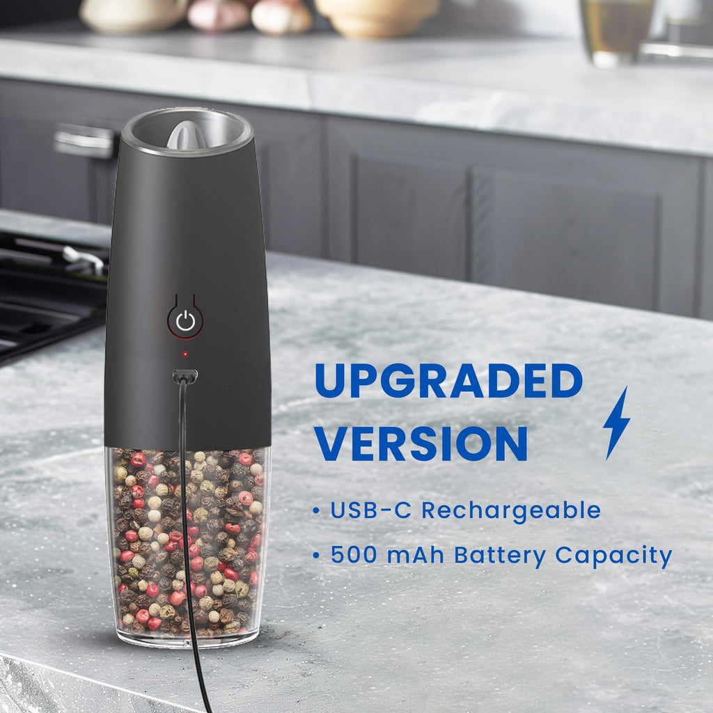 UNNEES Gravity Electric Salt and Pepper Grinder set of 2, Automatic Salt And Pepper Grinder Set, Adjustable Roughness, Battery Powered, LED Light, 2 Pack, (Black)