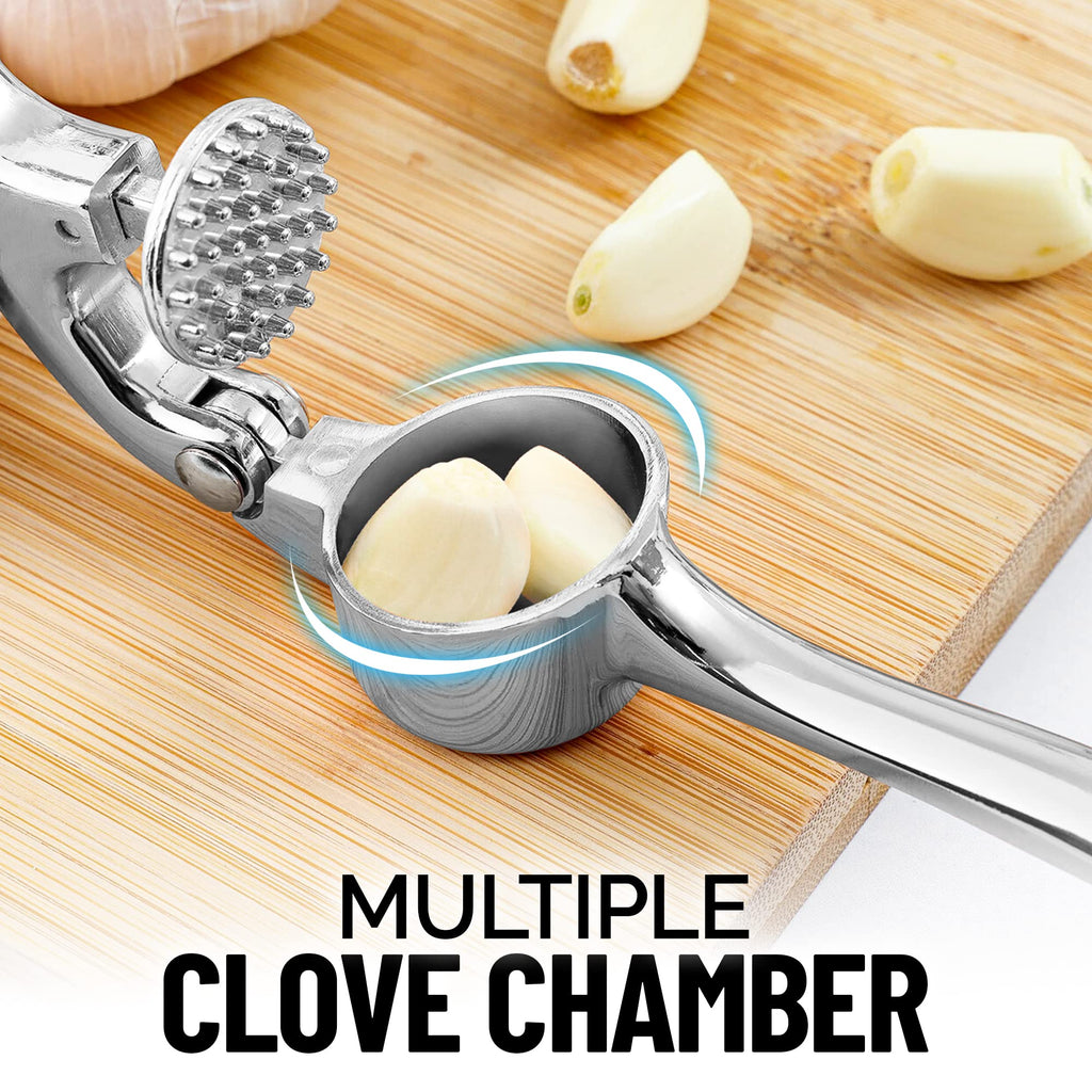 Zulay Kitchen Premium Garlic Press Set - Rust Proof Professional Garlic Mincer Tool - Easy-Squeeze, Easy-Clean with Soft, Ergonomic Handle - Silicone Garlic Peeler & Brush (Silver)