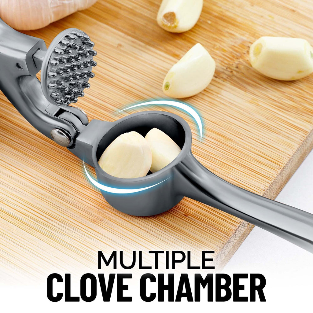 Zulay Kitchen Premium Garlic Press Set - Rust Proof Professional Garlic Mincer Tool - Easy-Squeeze, Easy-Clean with Soft, Ergonomic Handle - Silicone Garlic Peeler & Brush (Silver)