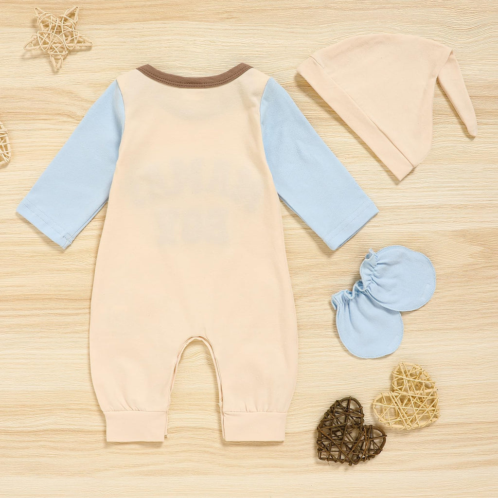 GRNSHTS Newborn Baby Boy Romper Coming Home Outfits Letter Print Bodysuit Jumpsuit+Hat+Gloves 3PCS Clothes Set