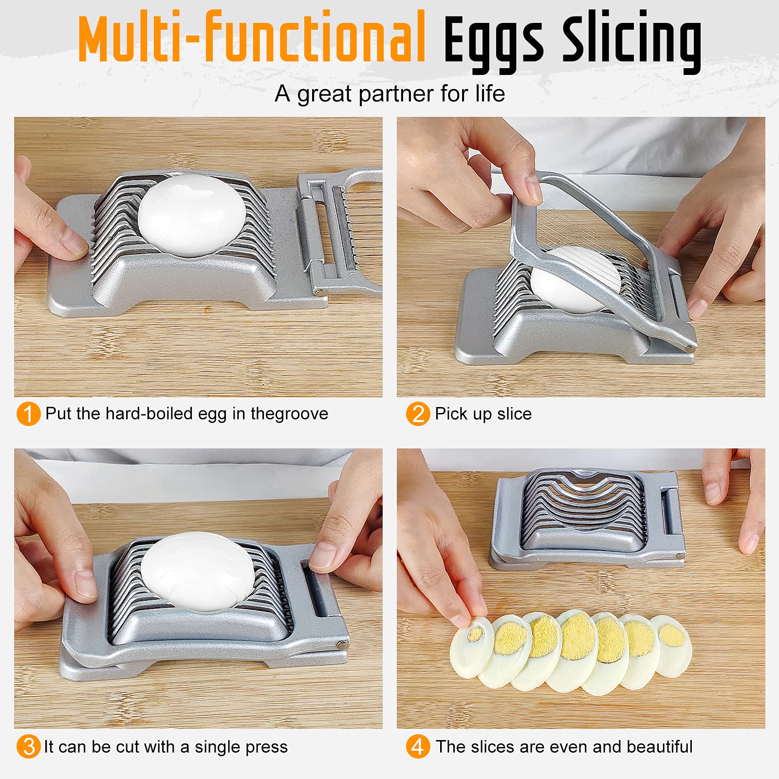 Egg Slicer for Hard Boiled Eggs, Stainless Steel Wire, Multipurpose Heavy Duty Aluminium Egg Cutter Dishwasher Safe for Egg, Salads & Sandwiches, Strawberries, Mushrooms & Soft Cheese, Fruit, Sliver