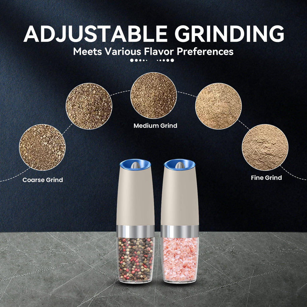 UNNEES Gravity Electric Salt and Pepper Grinder set of 2, Automatic Salt And Pepper Grinder Set, Adjustable Roughness, Battery Powered, LED Light, 2 Pack, (Black)