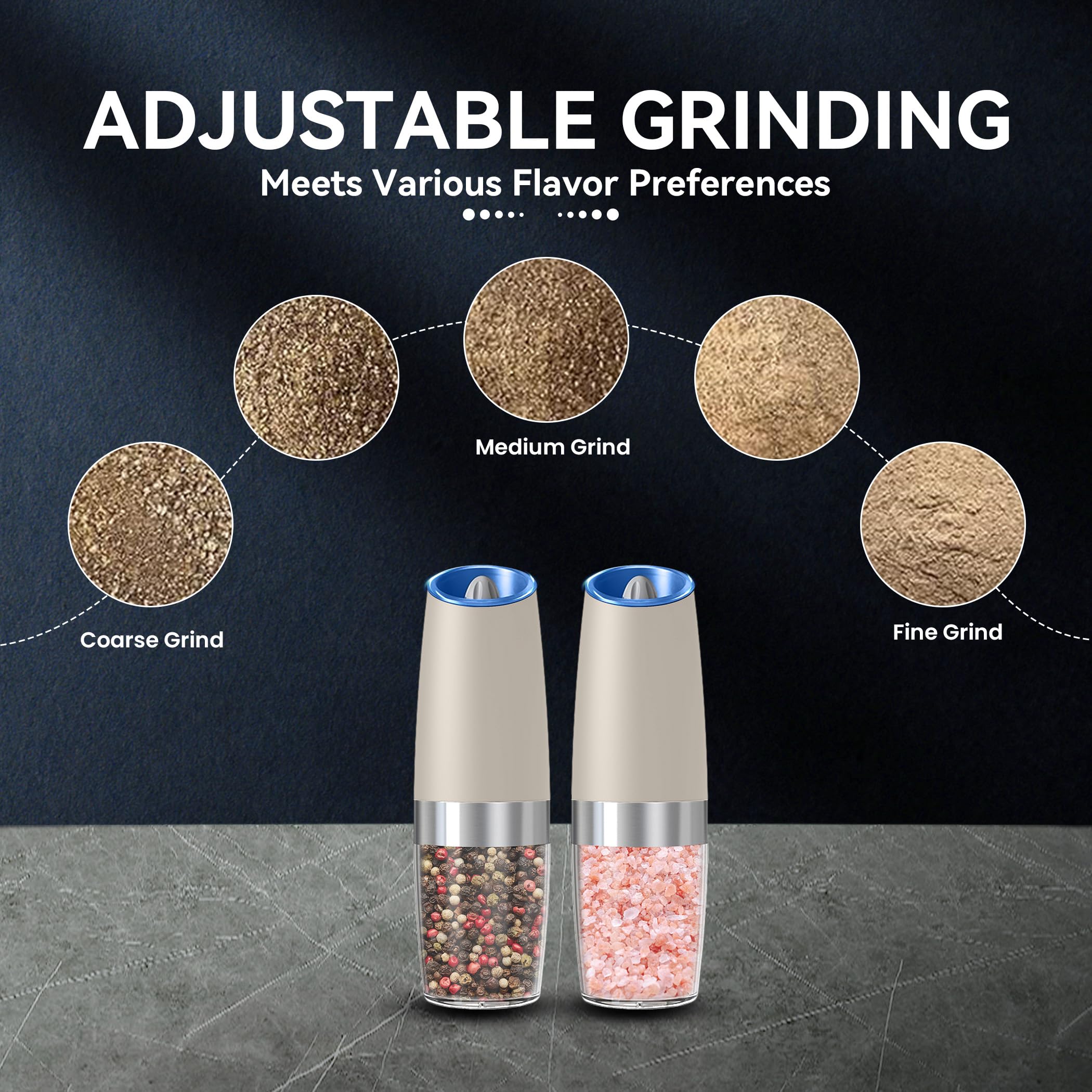 UNNEES Gravity Electric Salt and Pepper Grinder set of 2, Automatic Salt And Pepper Grinder Set, Adjustable Roughness, Battery Powered, LED Light, 2 Pack, (Black)