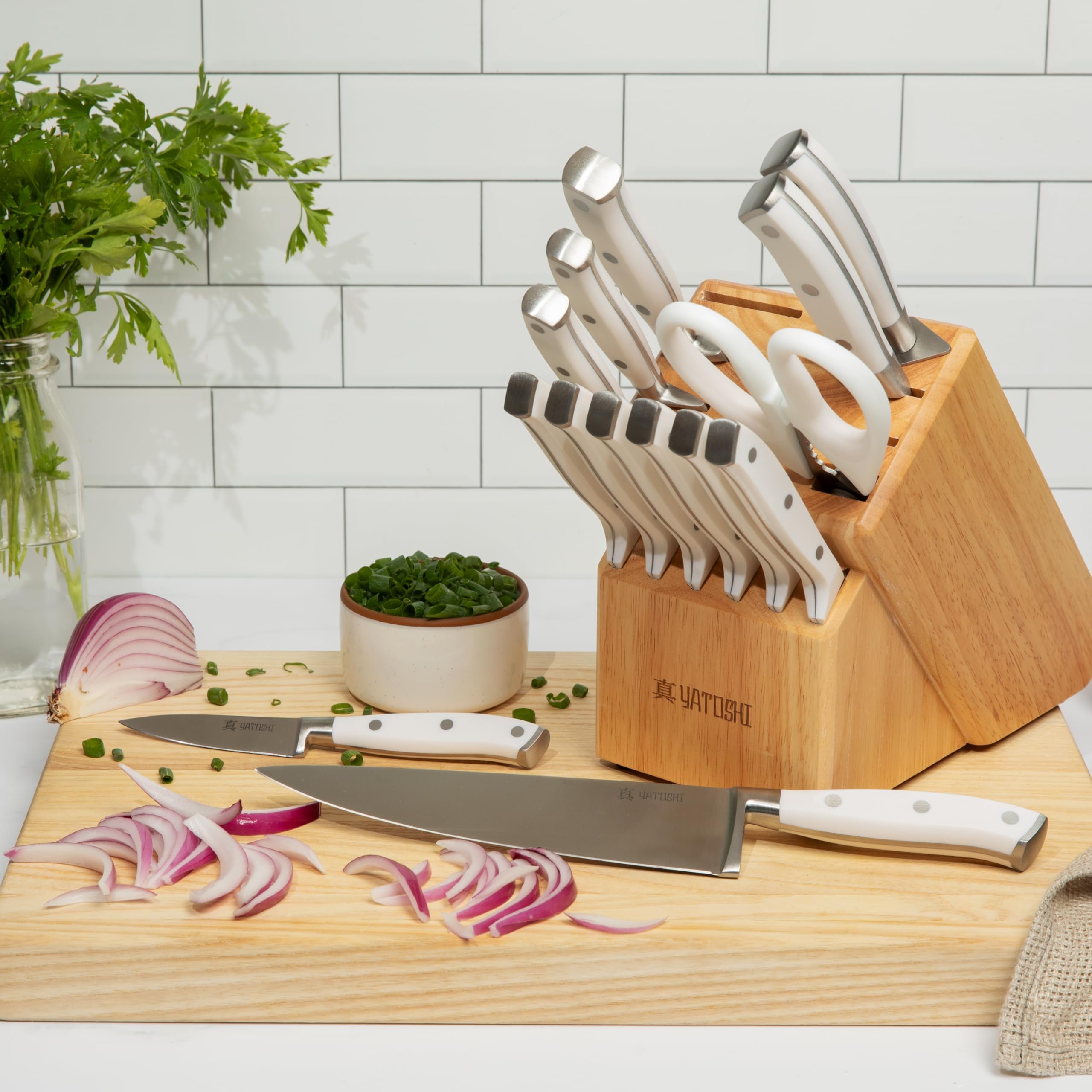 Yatoshi Professional Kitchen Knife Set, 15 Pieces, High Carbon Stainless Steel, Ergonomic Handle