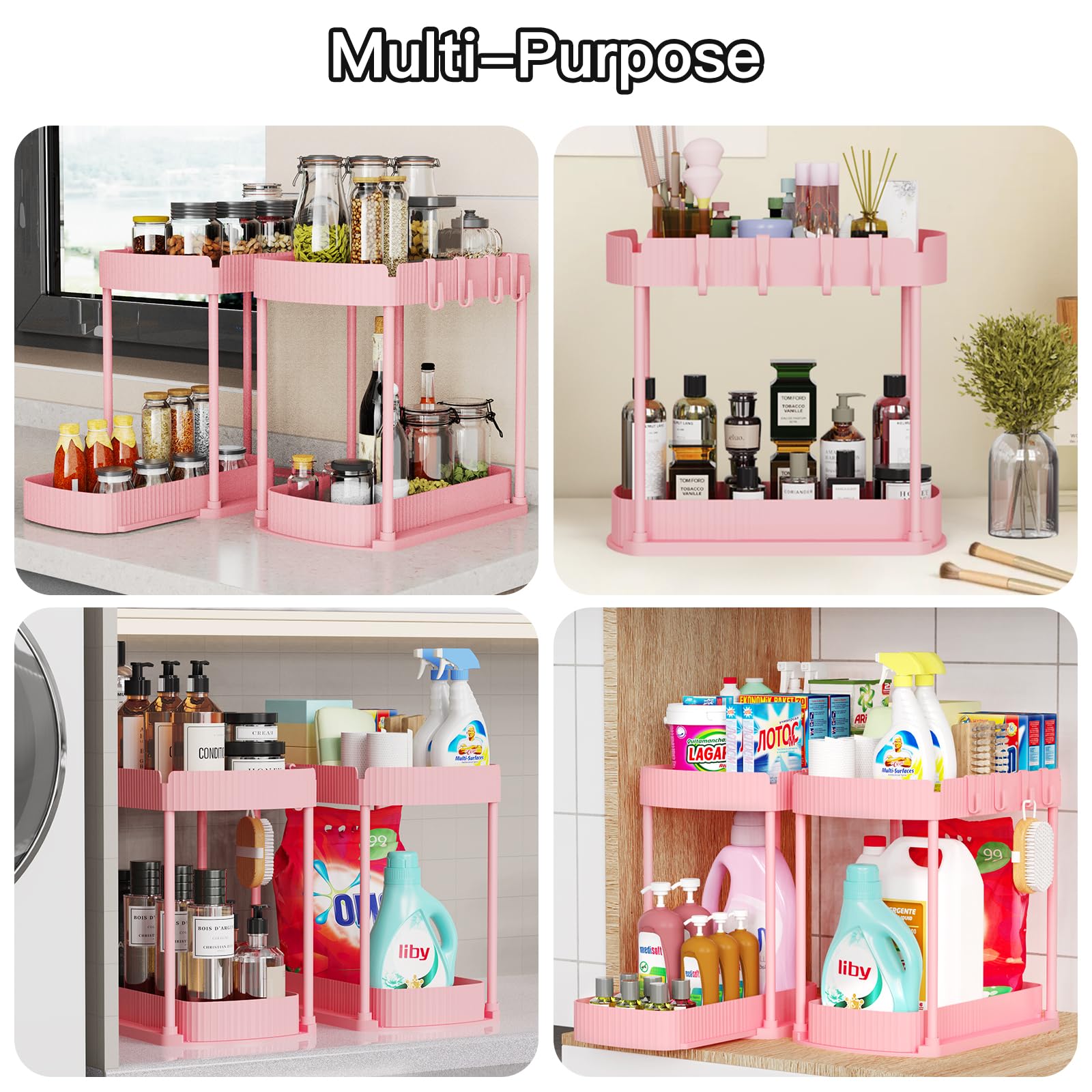 Ukeetap Multi-Purpose Pull-Out Storage Organizers, Under Sink/Cabinet Organizers and Storage for Bathroom & Kitchen, Black, 12.8 Inches, 2 Packs