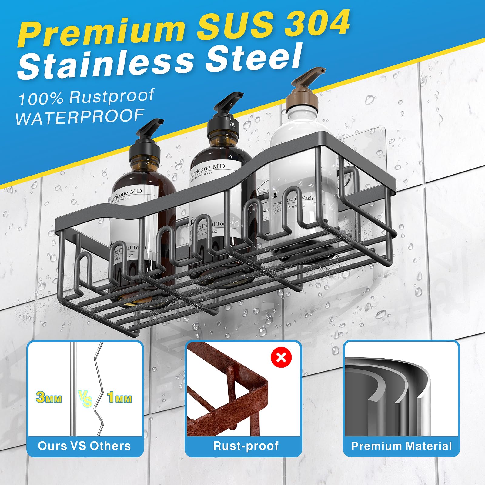 EUDELE Adhesive Shower Caddy, 5 Pack Rustproof Stainless Steel Bath Organizers With Large Capacity, No Drilling Shelves for Bathroom Storage & Home Decor